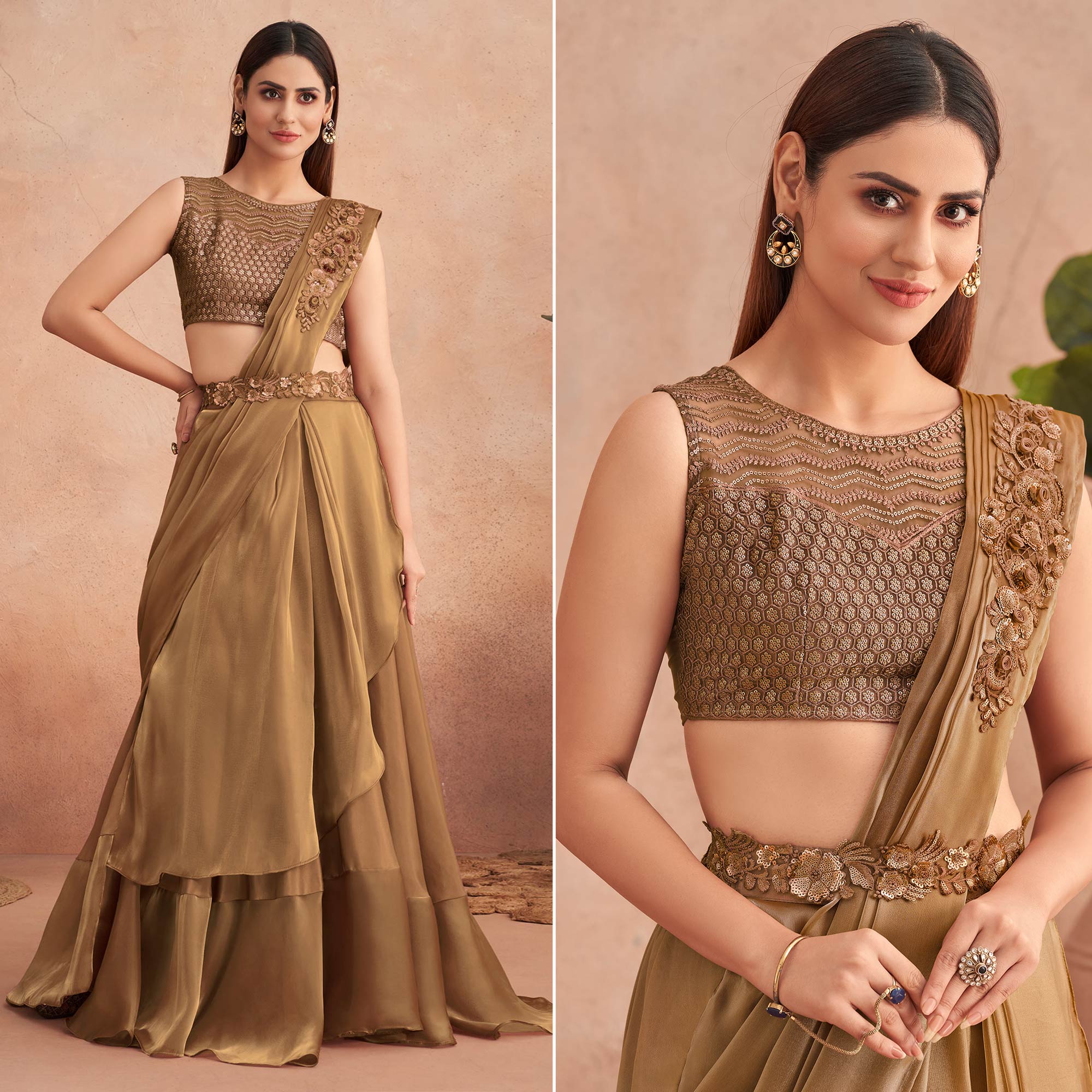 Peachmode Seller Brown Sequins Embroidered Ready to Wear Art Silk Saree