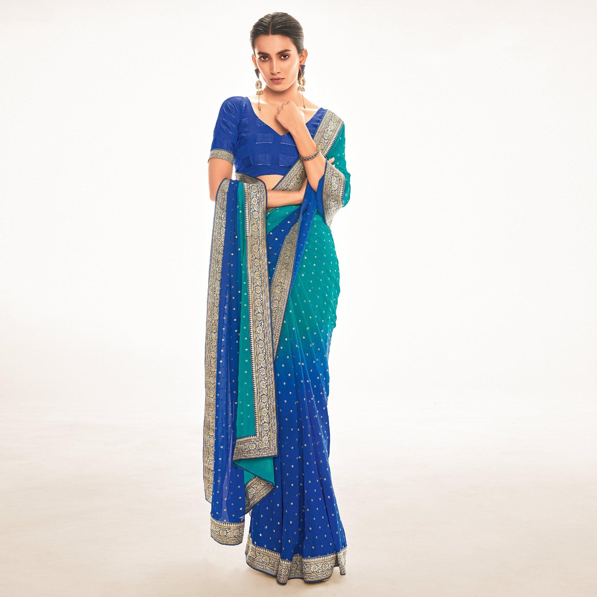 Peachmode Blue Woven Georgette Saree – Women's