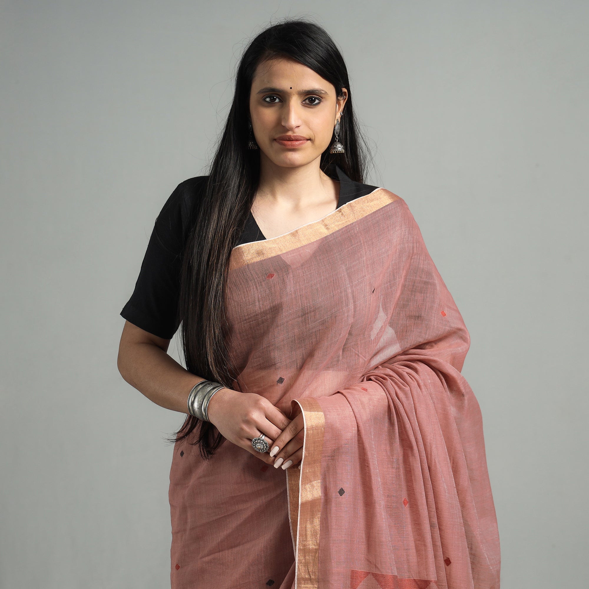 SASHA Brown - Handloom Cotton Phulia Jamdani Saree with Tassels - view 2