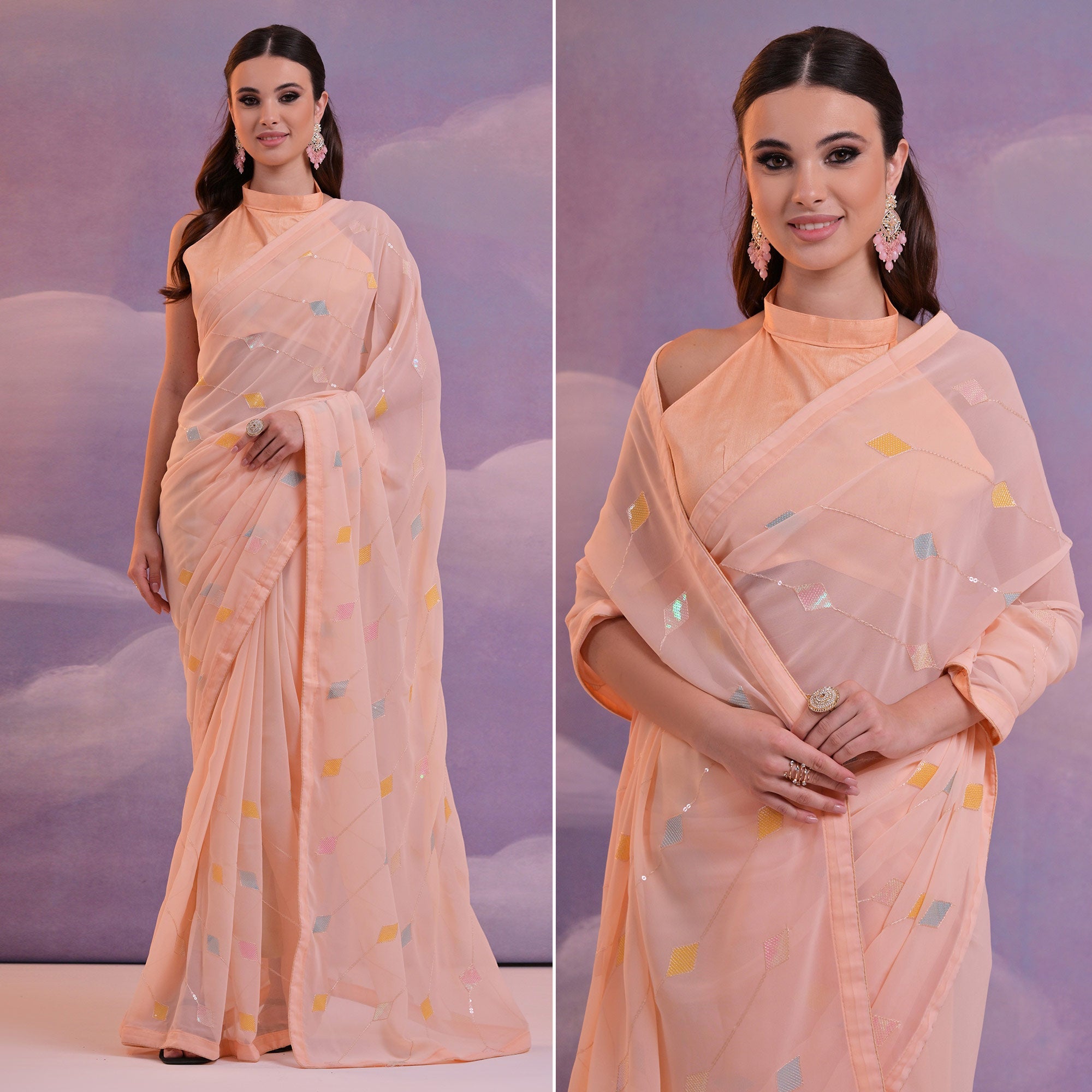 Peachmode Light Peach Sequins Embroidered Georgette Saree