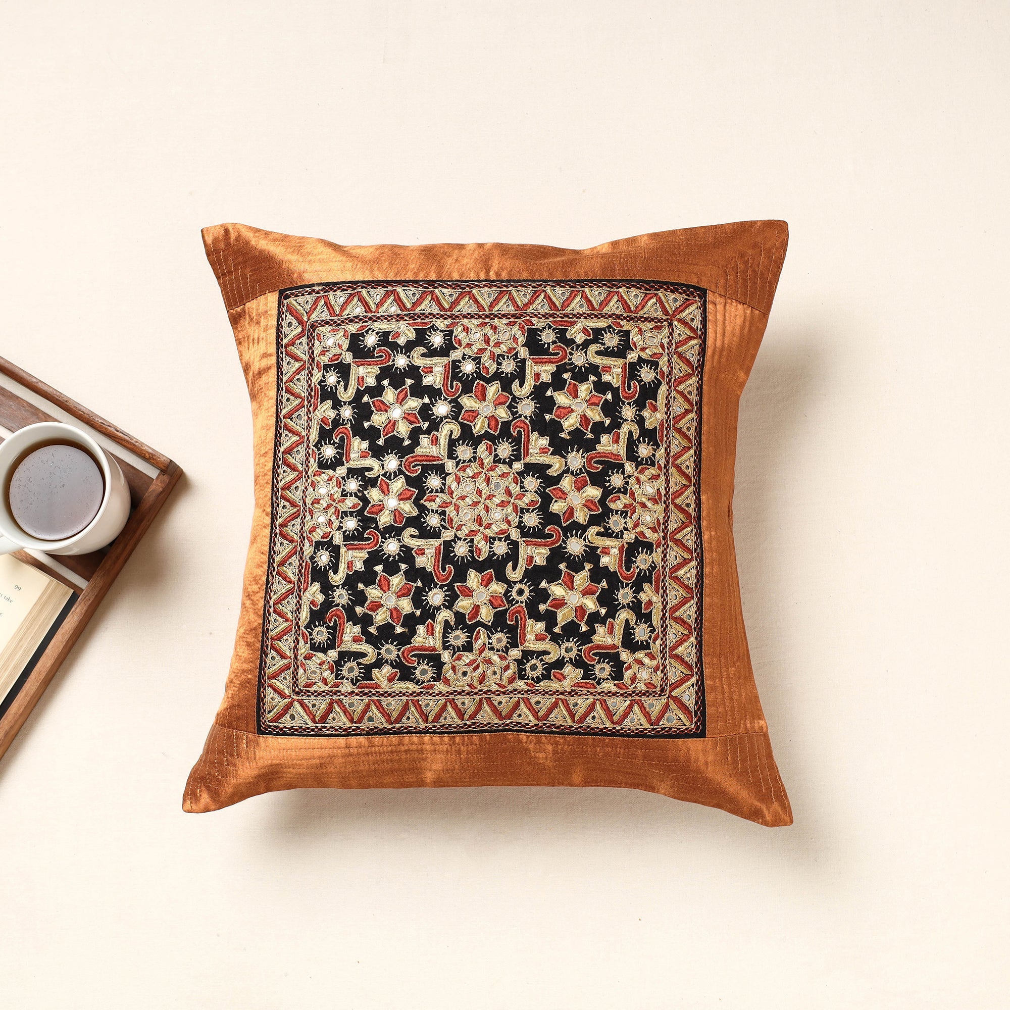 QASAB Brown - Kutch Pakko Hand Embroidery Mashru Silk Cushion Cover (16 x 16 in)