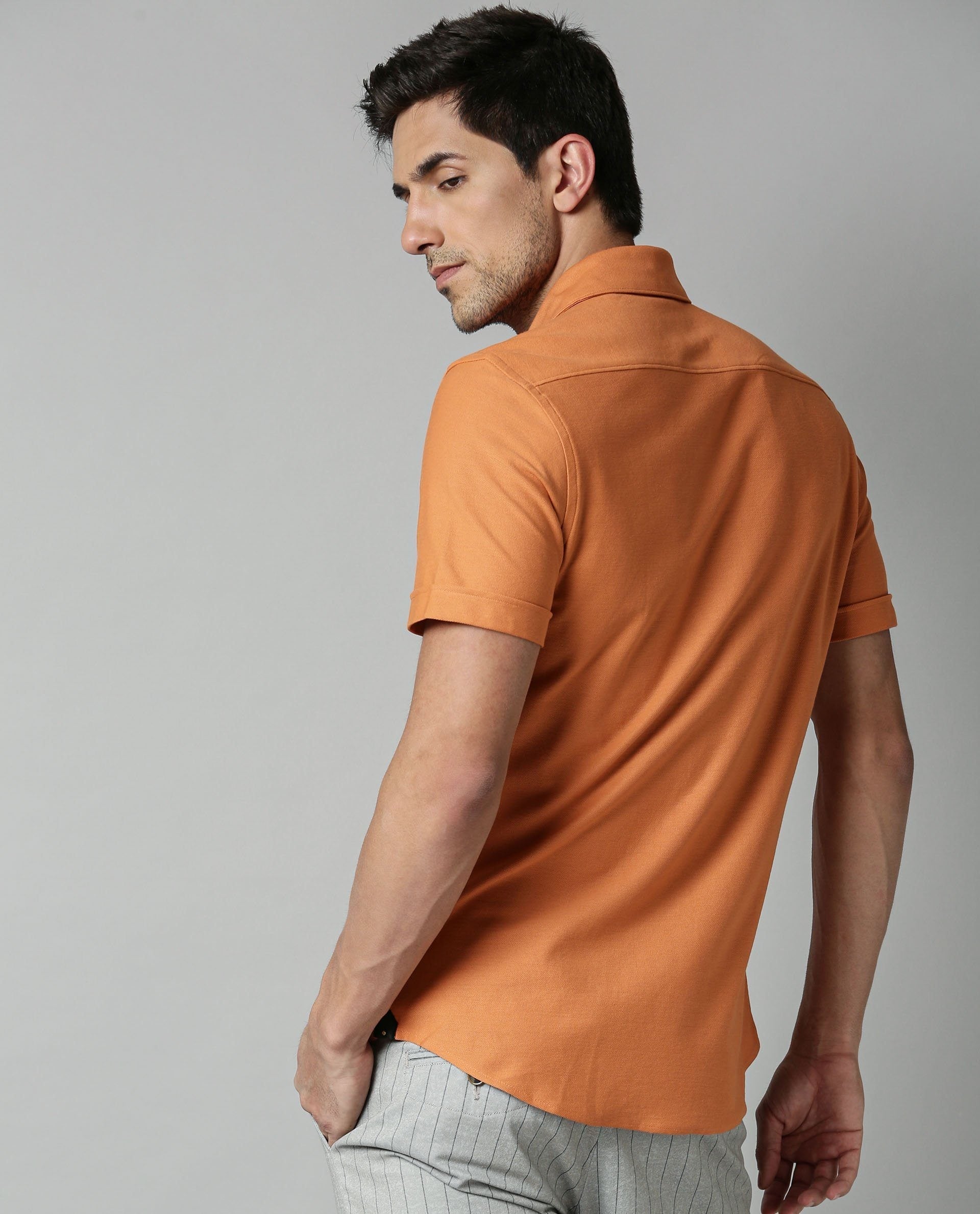 Rare Rabbit Men's Breath Orange Shirt Knit Fabric Short Sleeves Solid Slim Fit - view 5