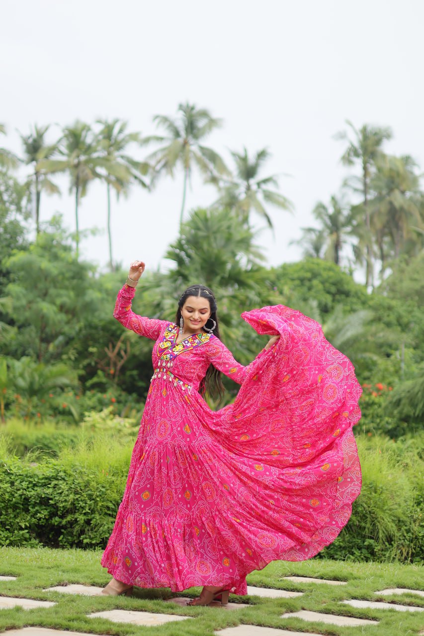 ClothsVilla Magenta Elegant Bandhani Print Gown with Kutchi Patchwork in Faux Georgette