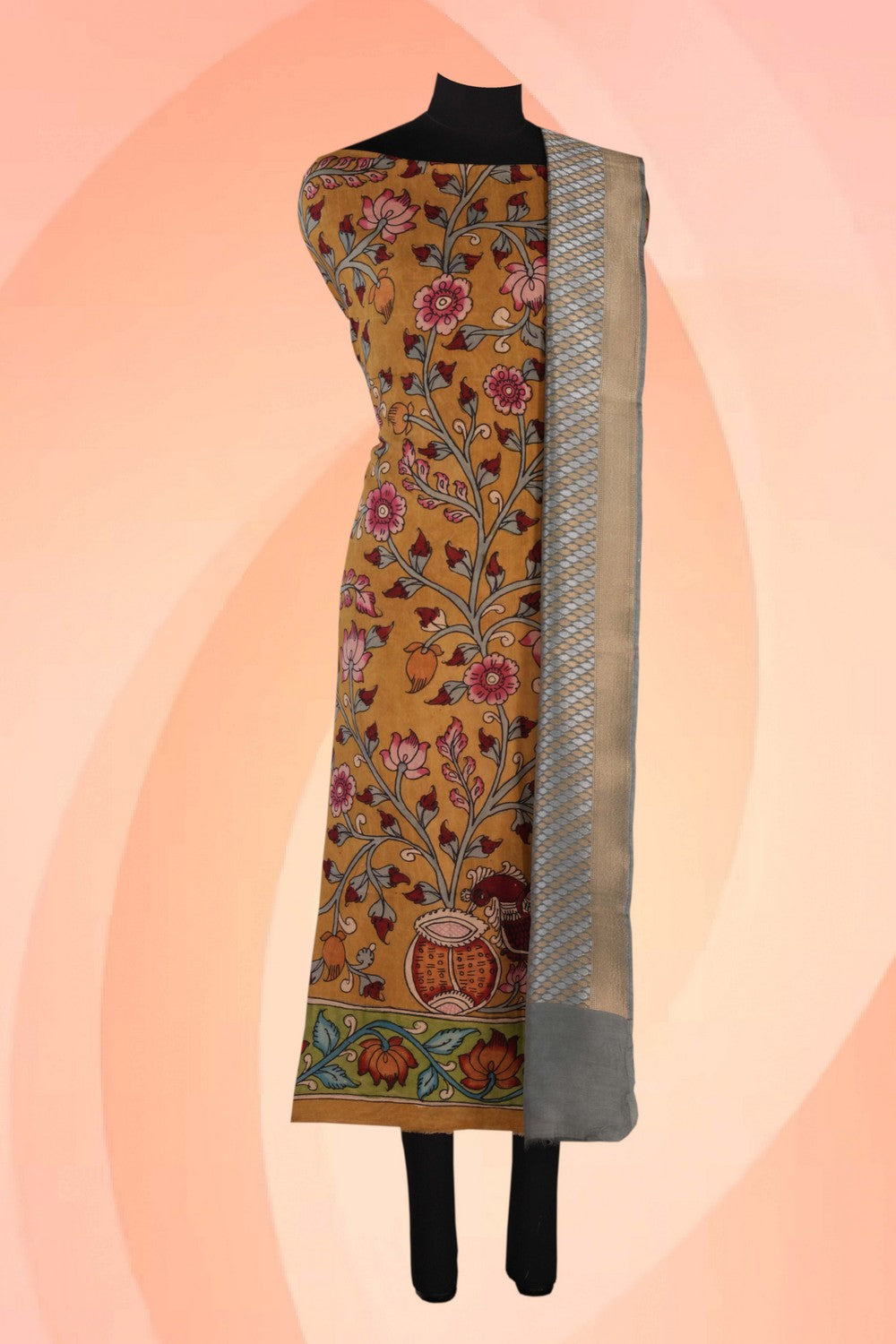 Kalanjali Kalamkari Unstitched Suit With Dupatta (2 Pcs Set)