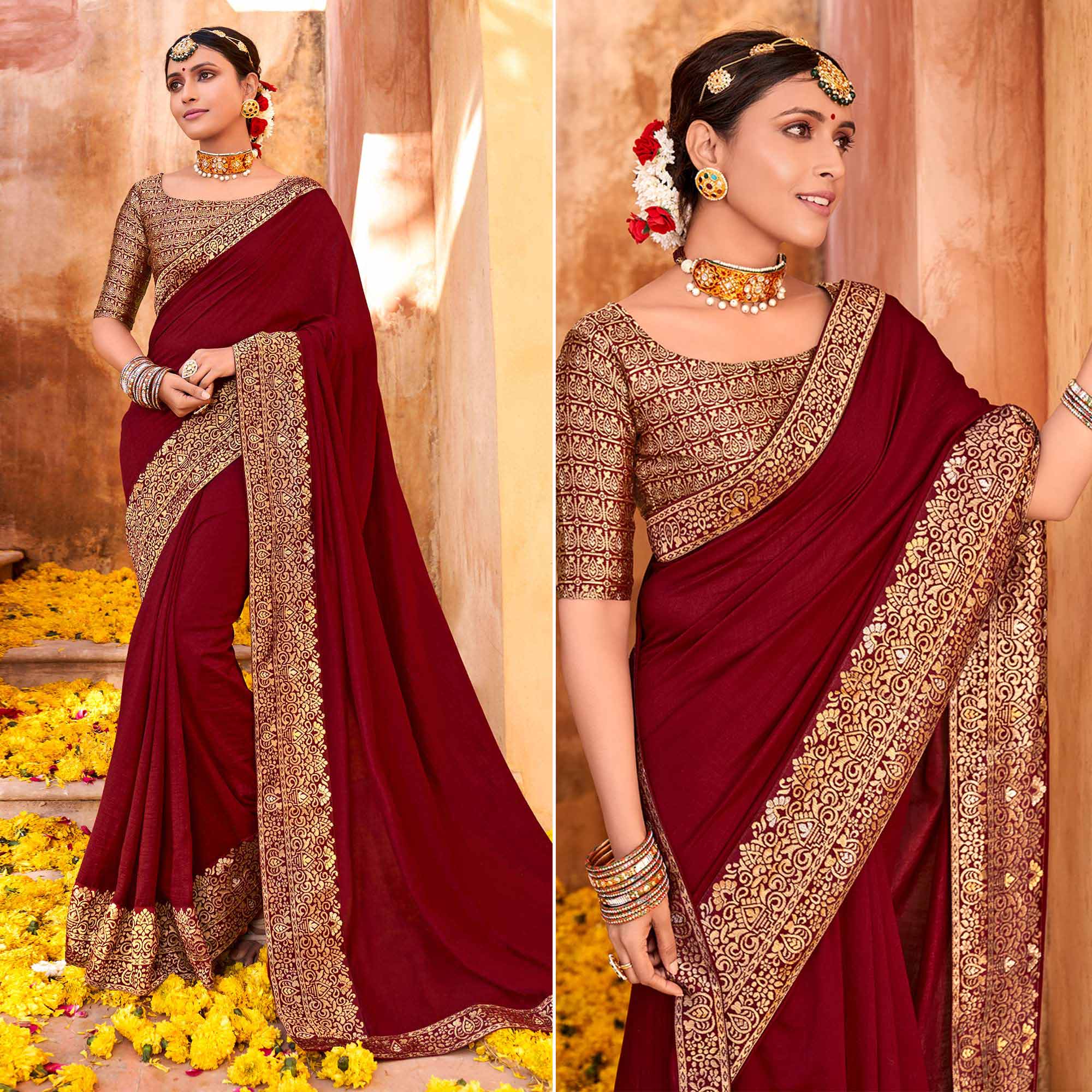 Peachmode Maroon Solid With Jacquard Border Vichitra Silk Saree