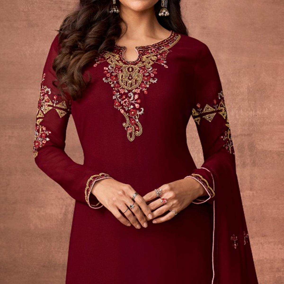 Peachmode Maroon Embroidered With Embellished Georgette Salwar Suit - view 3