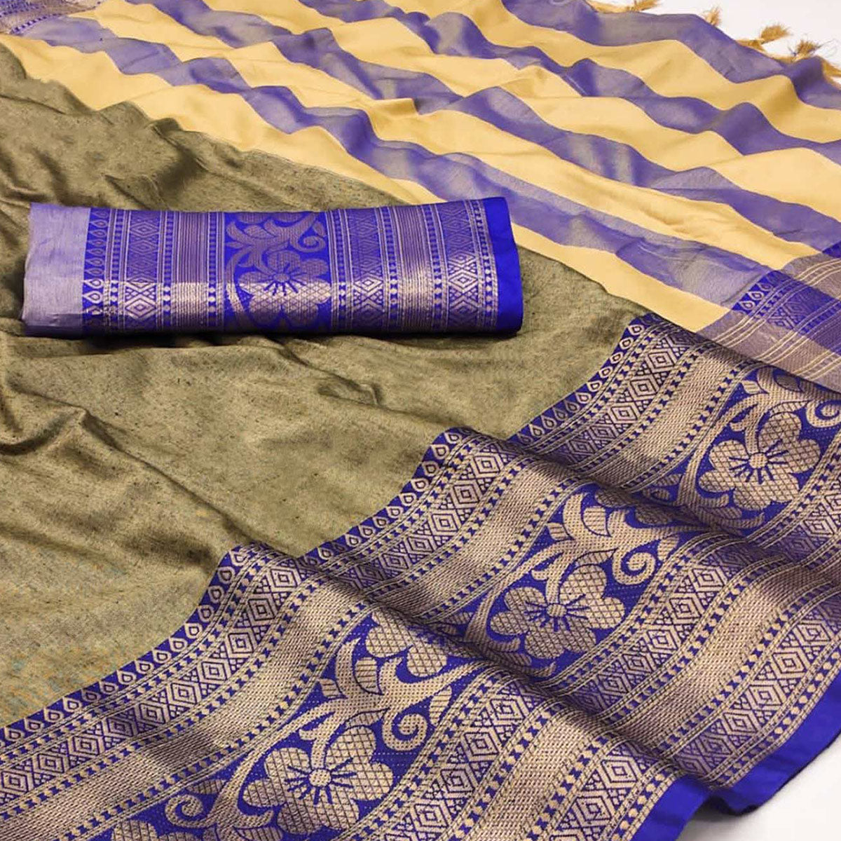 Peachmode Chikoo Floral Woven Cotton Silk Saree With Tassels - view 2