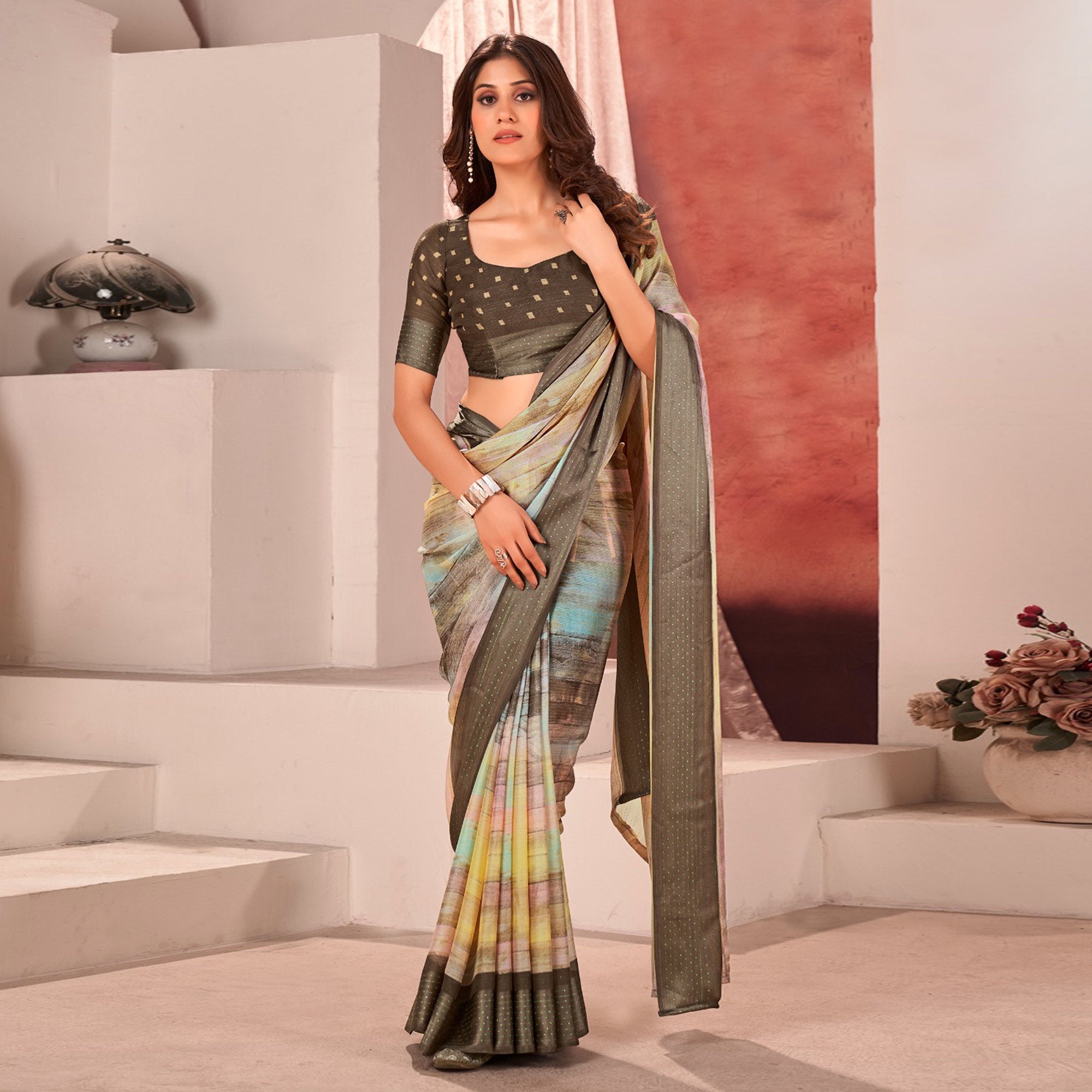 Peachmode Chikoo Ombre Printed Chiffon Saree With Satin Zari Border