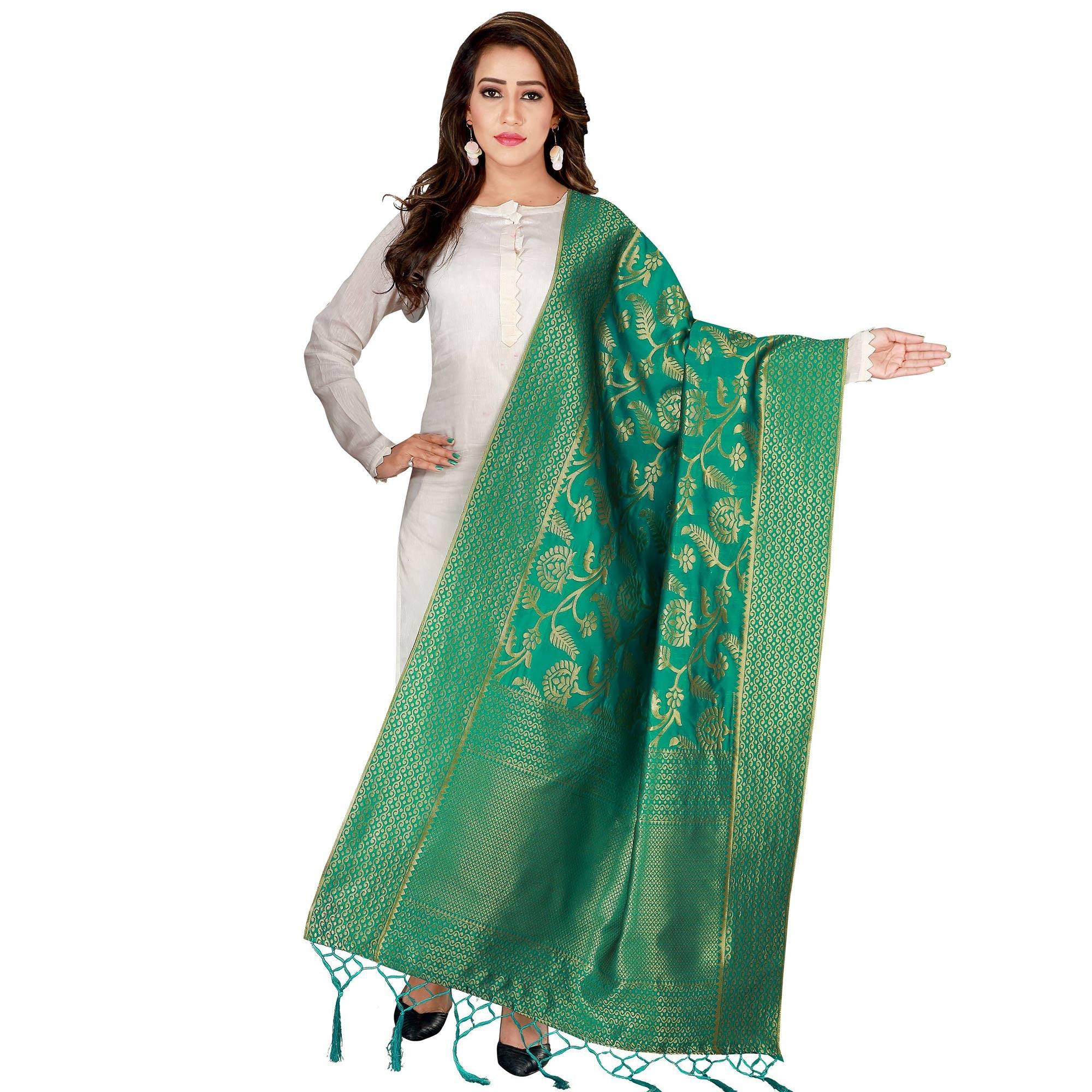 Peachmode Seller Engrossing Green Colored Festive Wear Banarasi Silk Dupatta