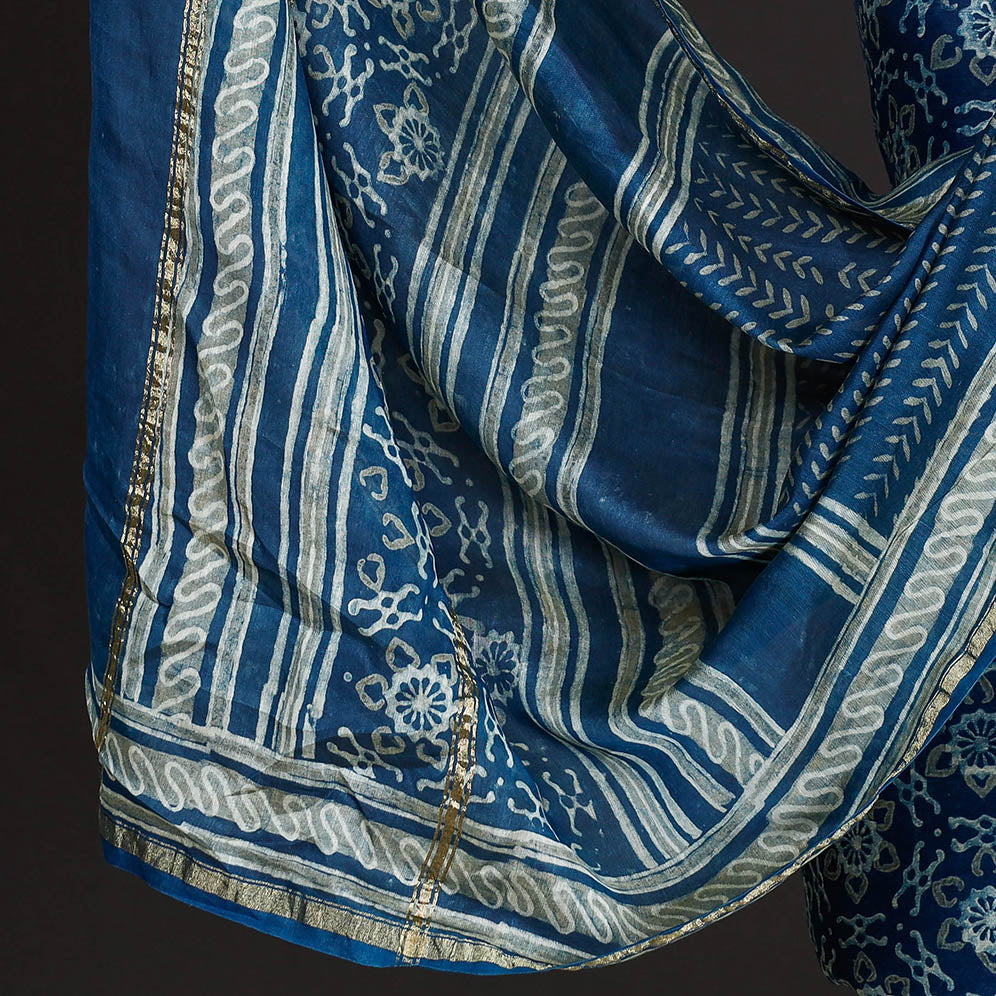 HAVELI CHRONICLES Blue - 3pc Akola Block Printed Chanderi Silk Suit Material Set - view 4