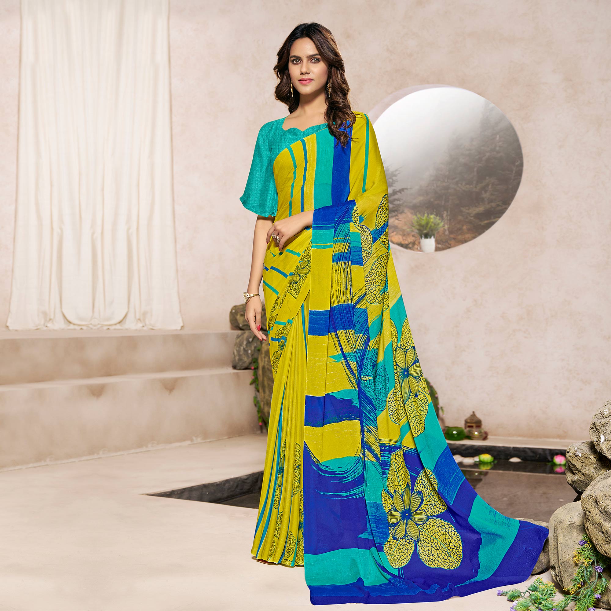 Peachmode Lemon Yellow Printed Georgette Saree