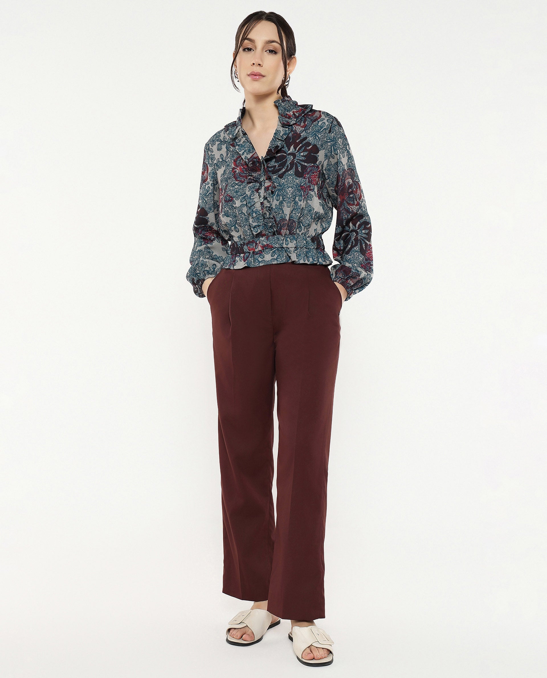 Rareism Women Mugla Multi Polyester Fabric Balloon Sleeve V-Neck Button Closure Cropped Floral Print Top - view 8