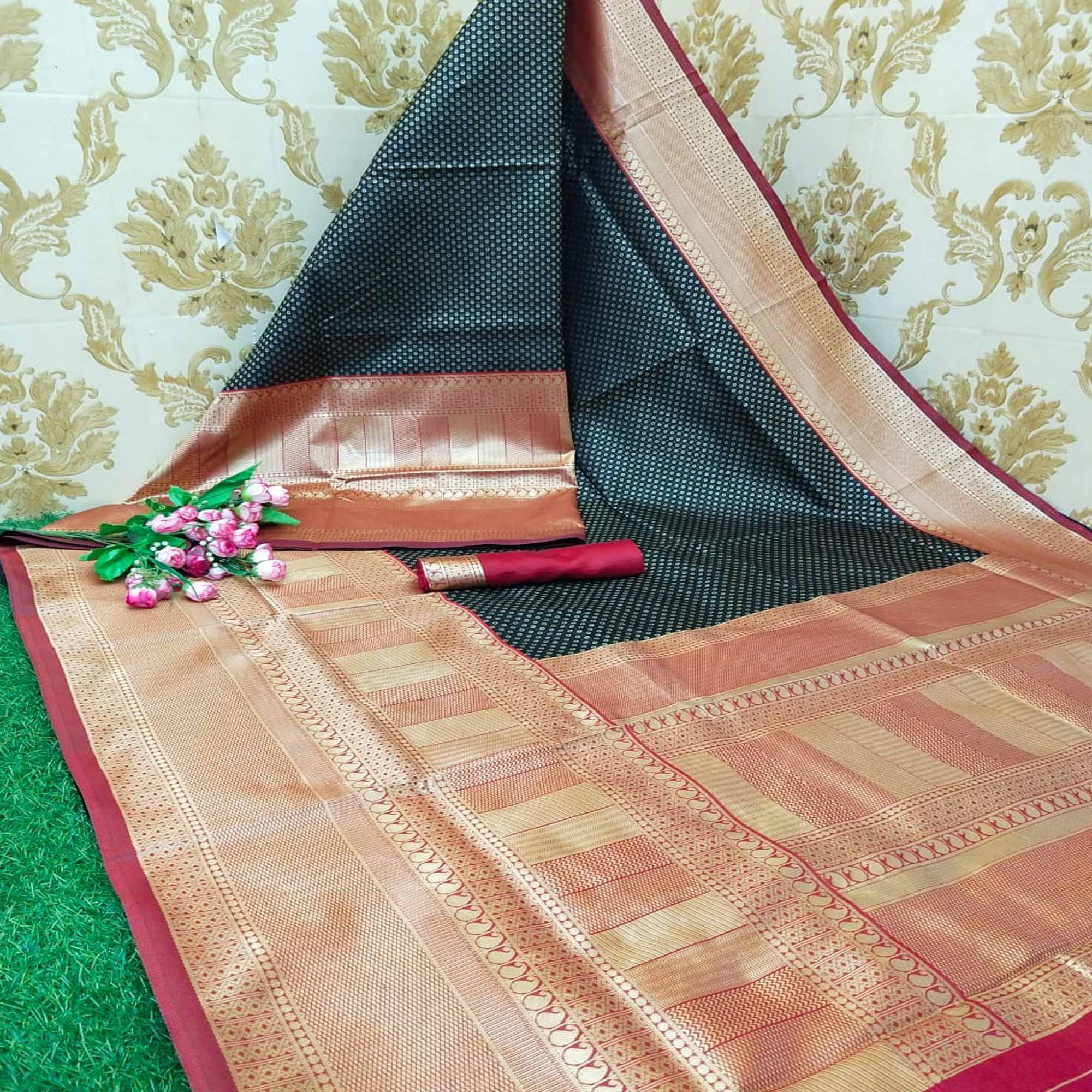 Peachmode Intricate Teal Blue Colored Fetive Wear Woven Heavy Banarasi Silk Saree - view 2