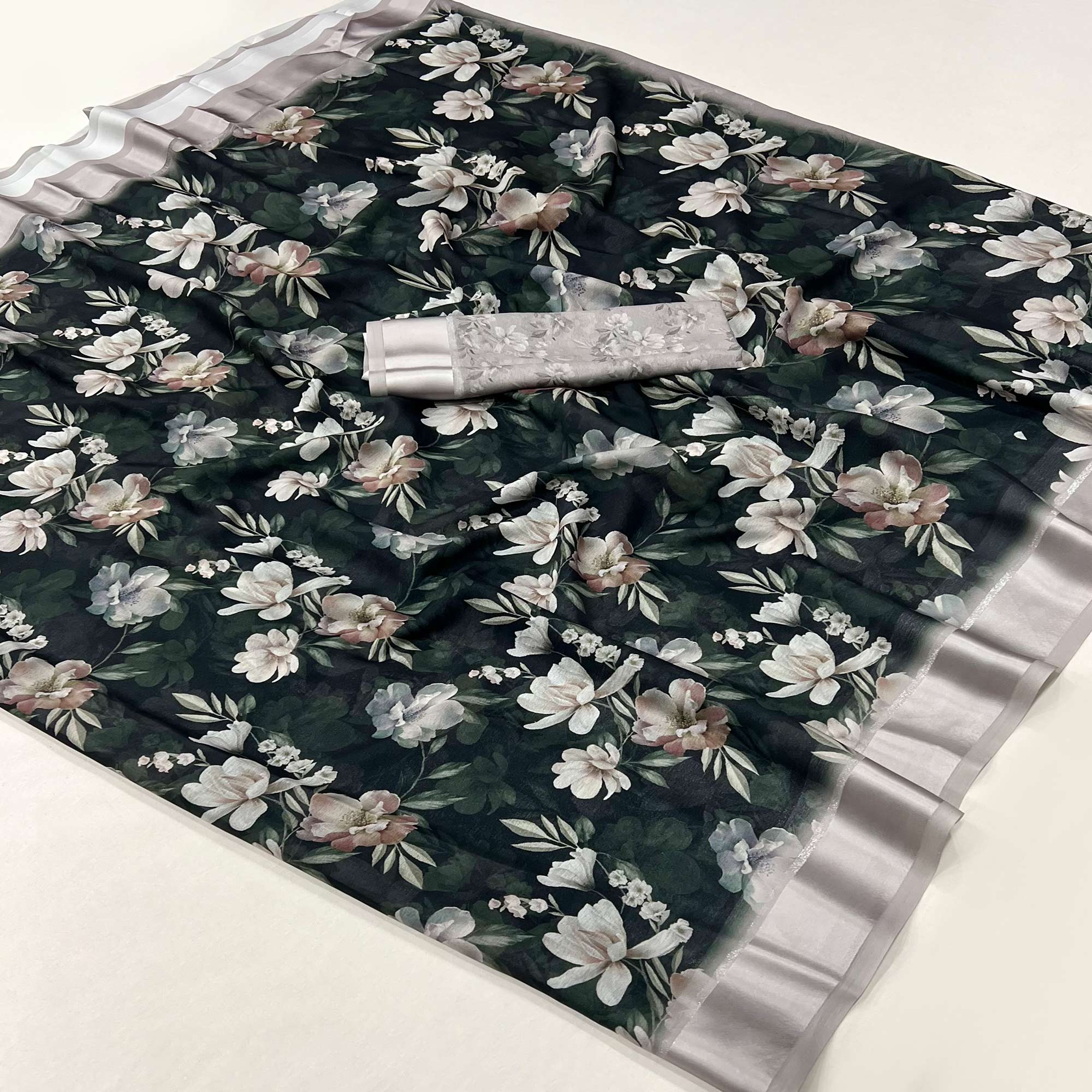 Peachmode Black Floral Digital Printed Georgette Saree With Zari Border