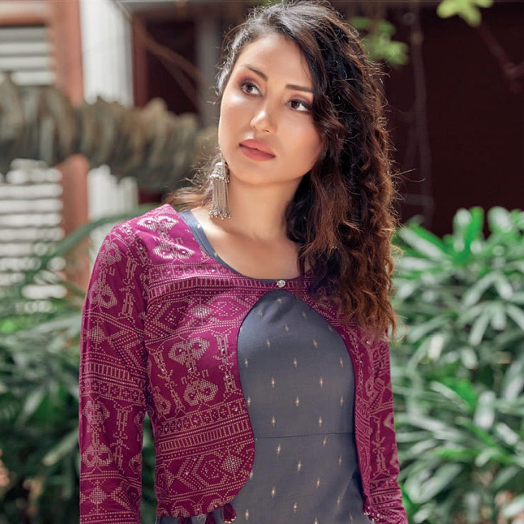 Peachmode Seller Grey Printed Rayon Anarkali Kurti - view 4