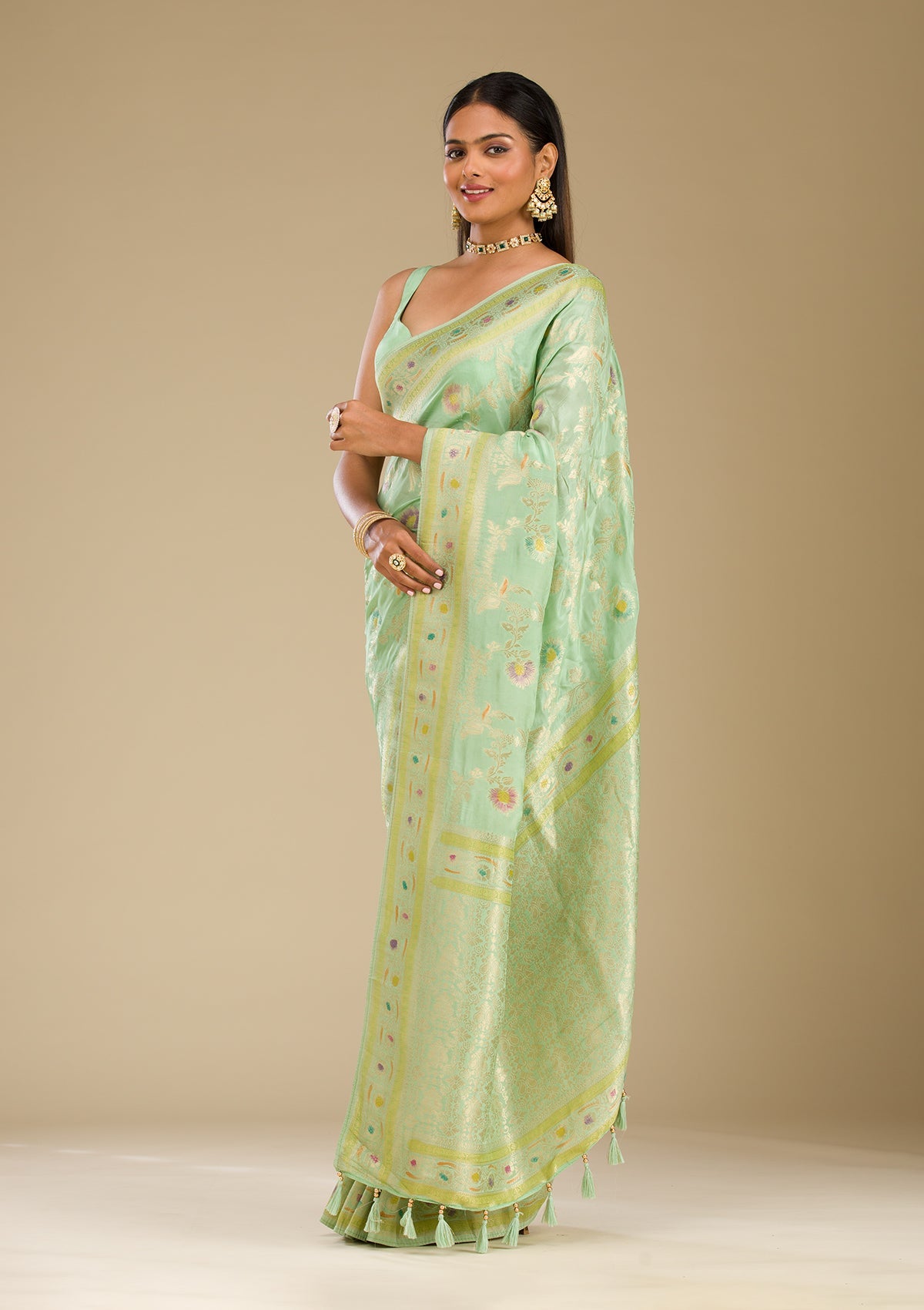 Koskii Pista Green Zariwork Banarasi Silk Saree - view 8