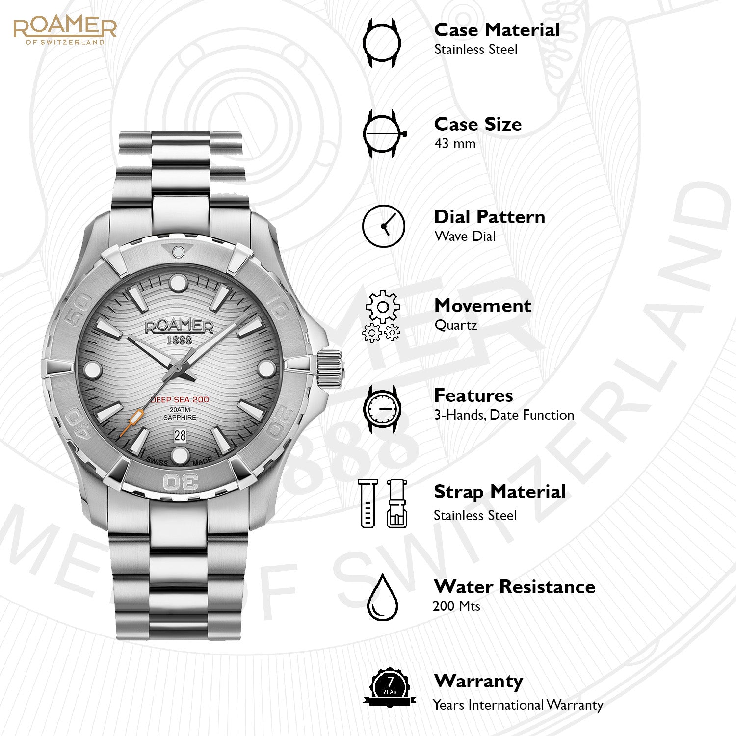 Roamer Deep Sea 200 Men Quartz Silver Dial Analog Stainless Steel Watch 860833 41 15 70 - view 3