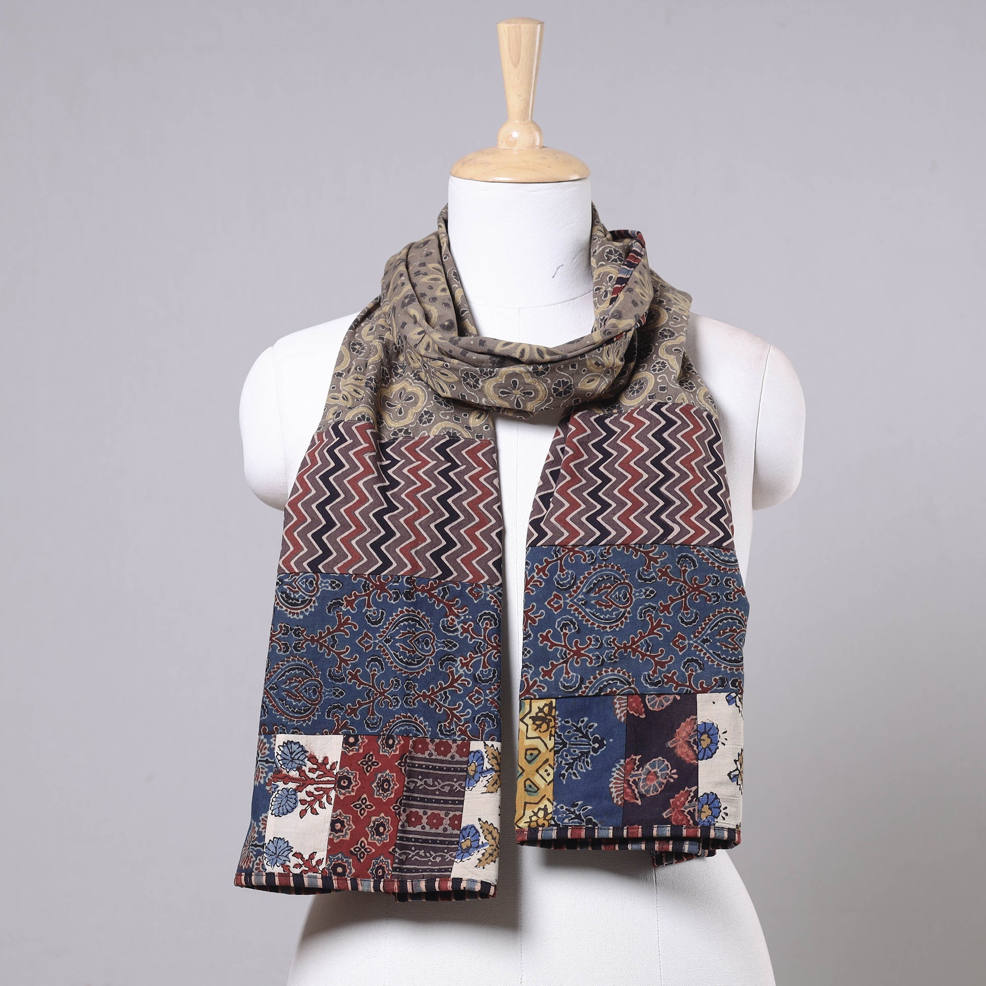 STOLES & SCARVES Brown - Ajrakh Block Printed Patchwork Cotton Stole