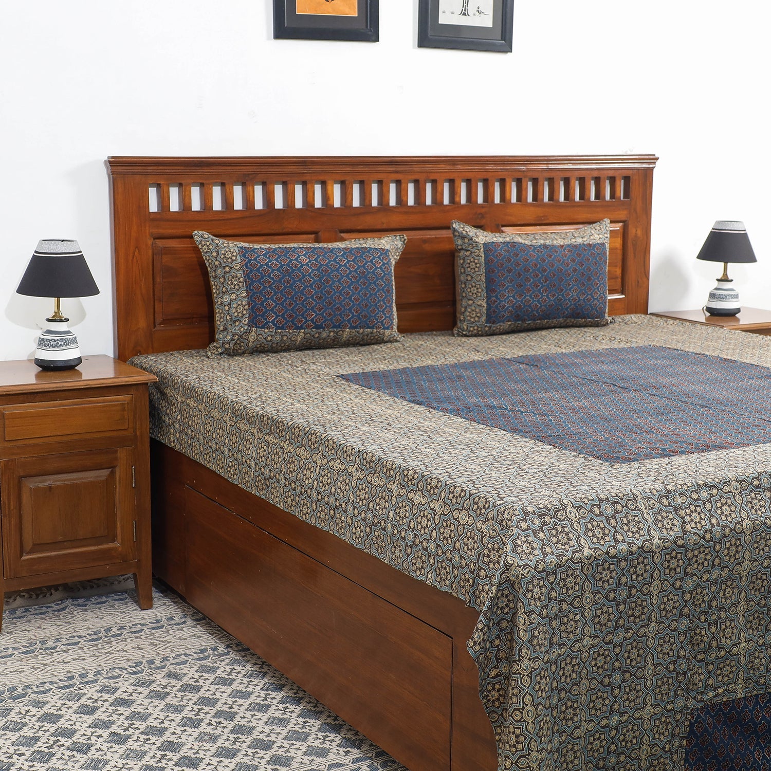 HAVELI CHRONICLES Brown - Ajrakh Patch Tukdi Kaam Cotton Double Bed Cover with Pillow Covers (109 x 86 in)