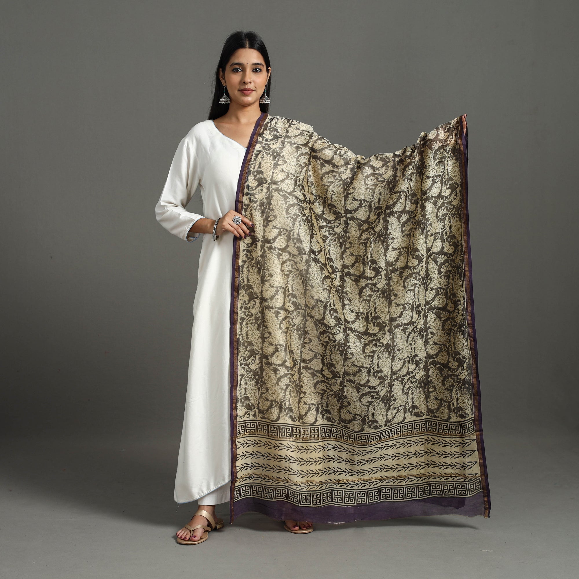 ARTISAN HAND BLOCK PRINTS Beige - Block Printed Chanderi Silk Sanganeri Dupatta 18