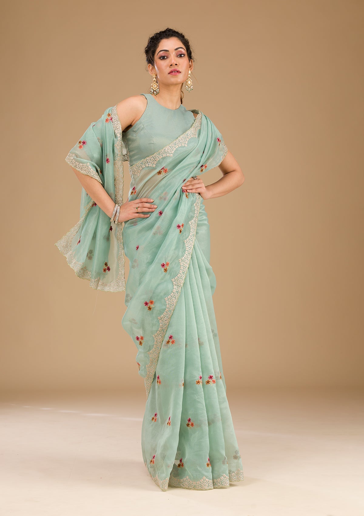 Koskii Sky Blue Threadwork Tissue Saree – Women's