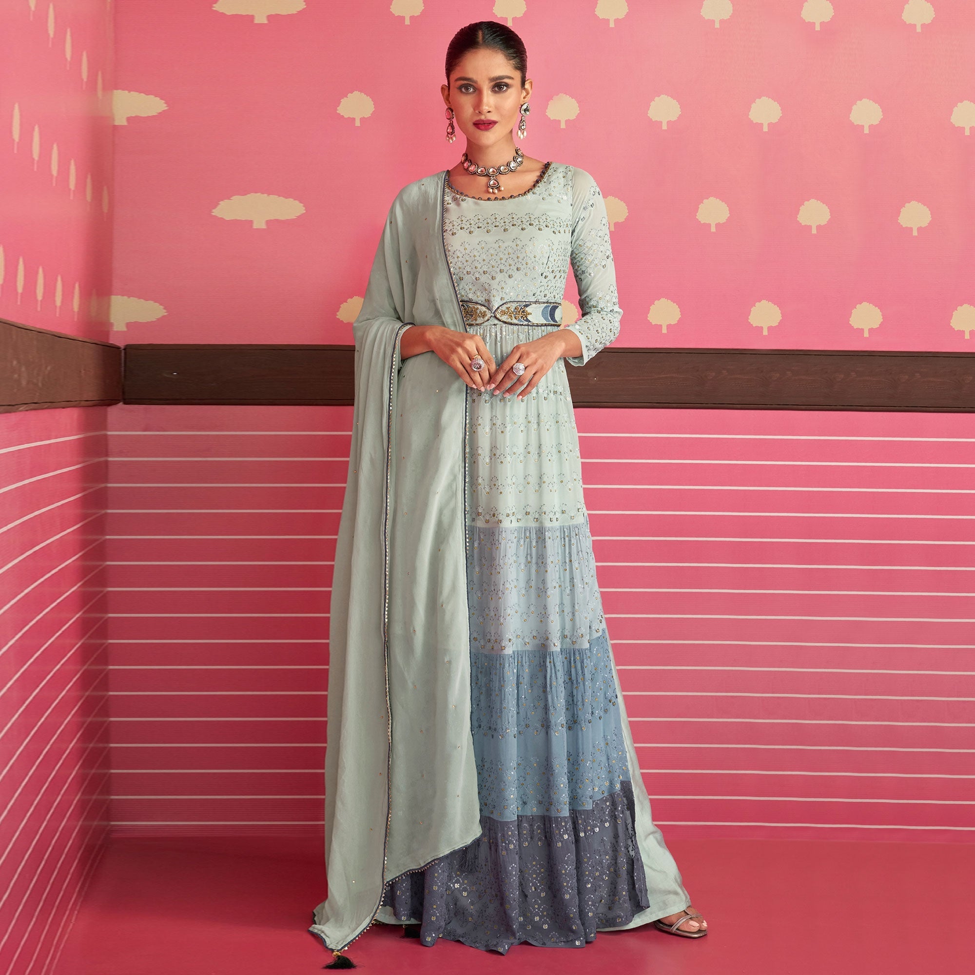 Peachmode Seller Grey Sequins Embroidered Georgette Naira Cut Sharara Suit - view 2