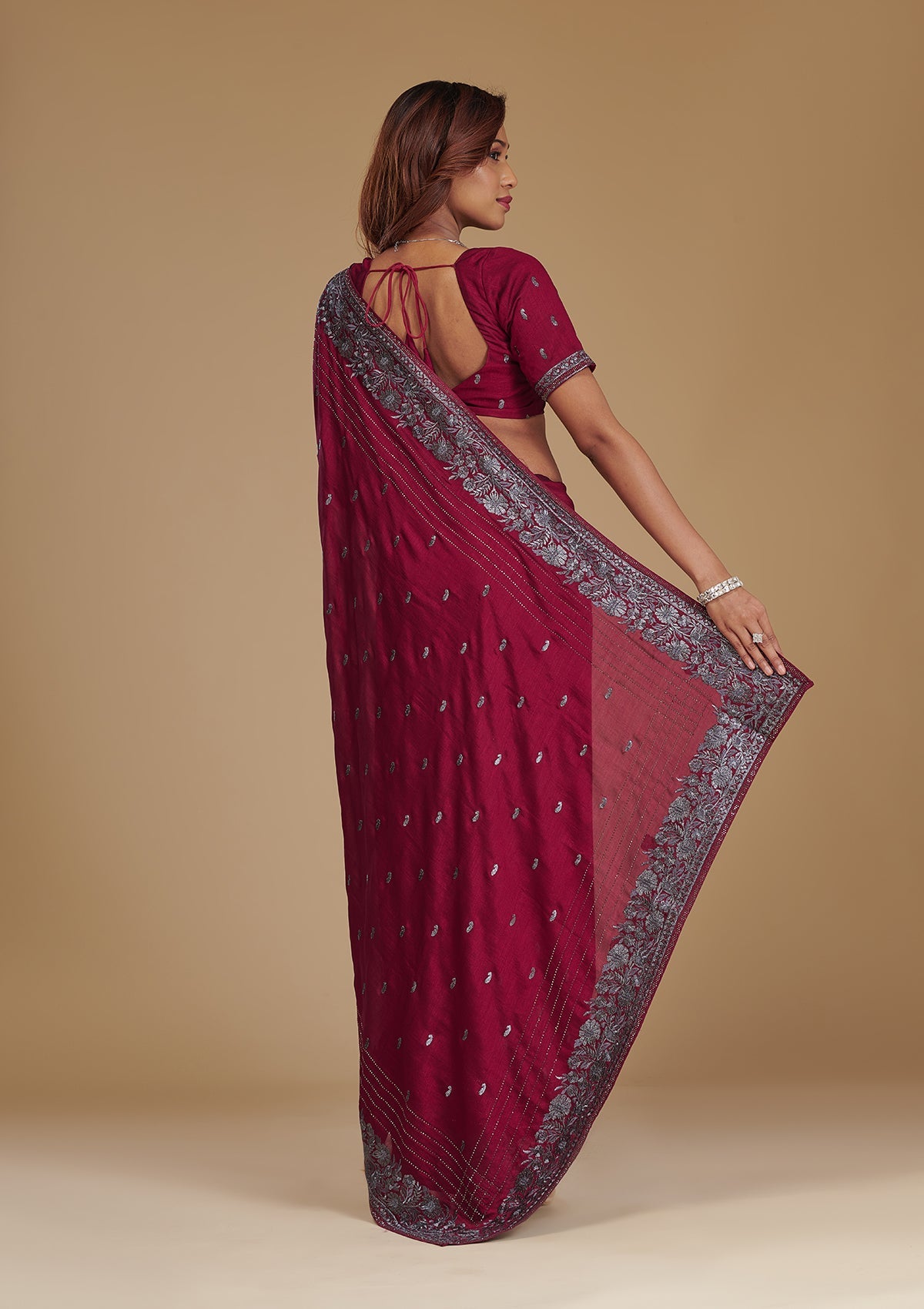 Koskii Wine Zariwork Georgette Saree – Women's - view 2
