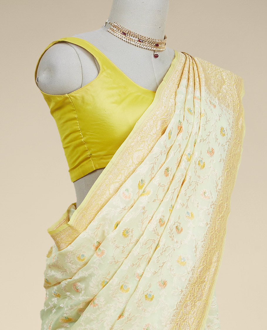 Pothys Yellow floral vine design banaras georgette saree with contrast inticate zari border