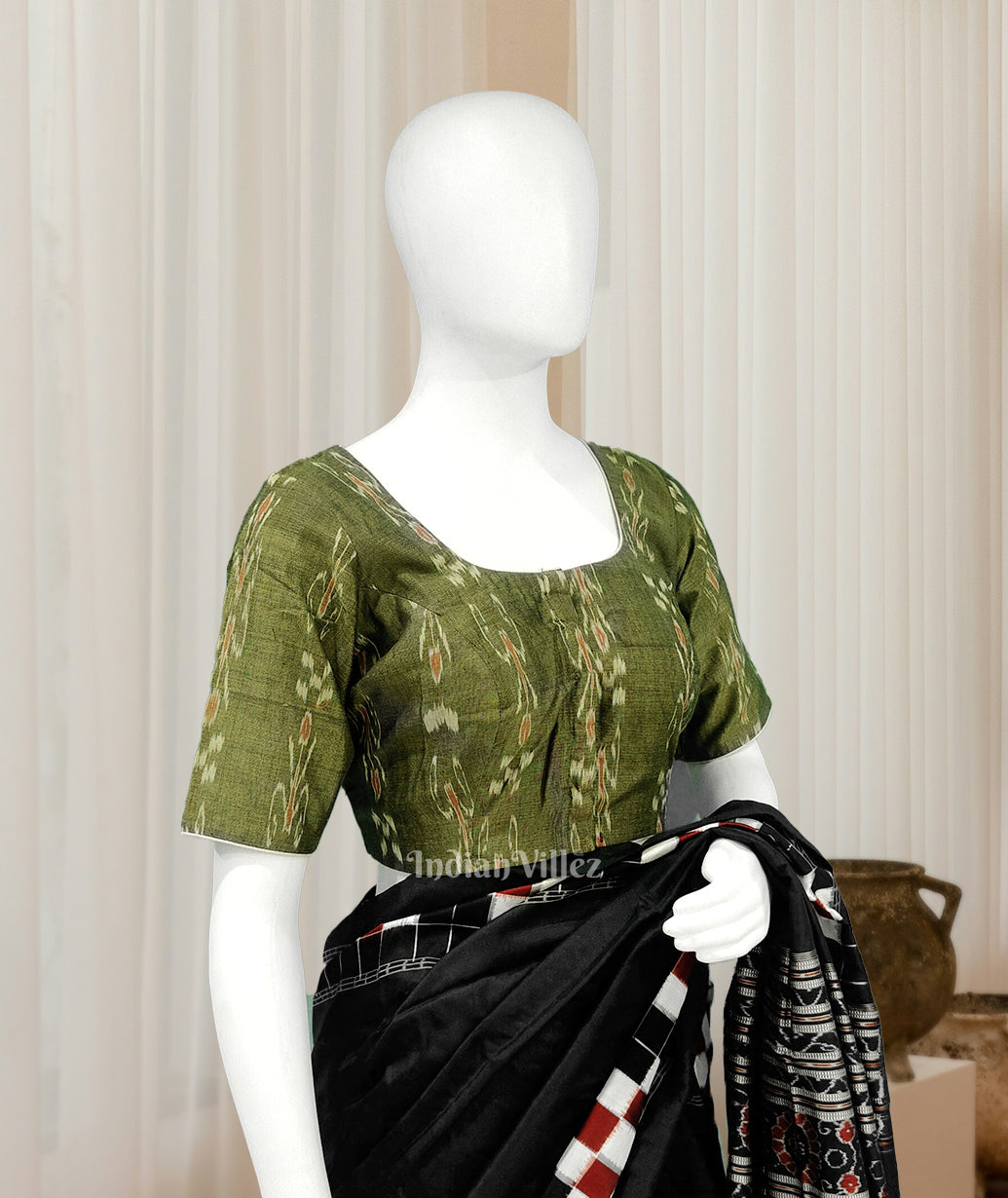 IndianVillèz Mehendi Green Odisha Ikat Sambalpuri Cotton Blouse