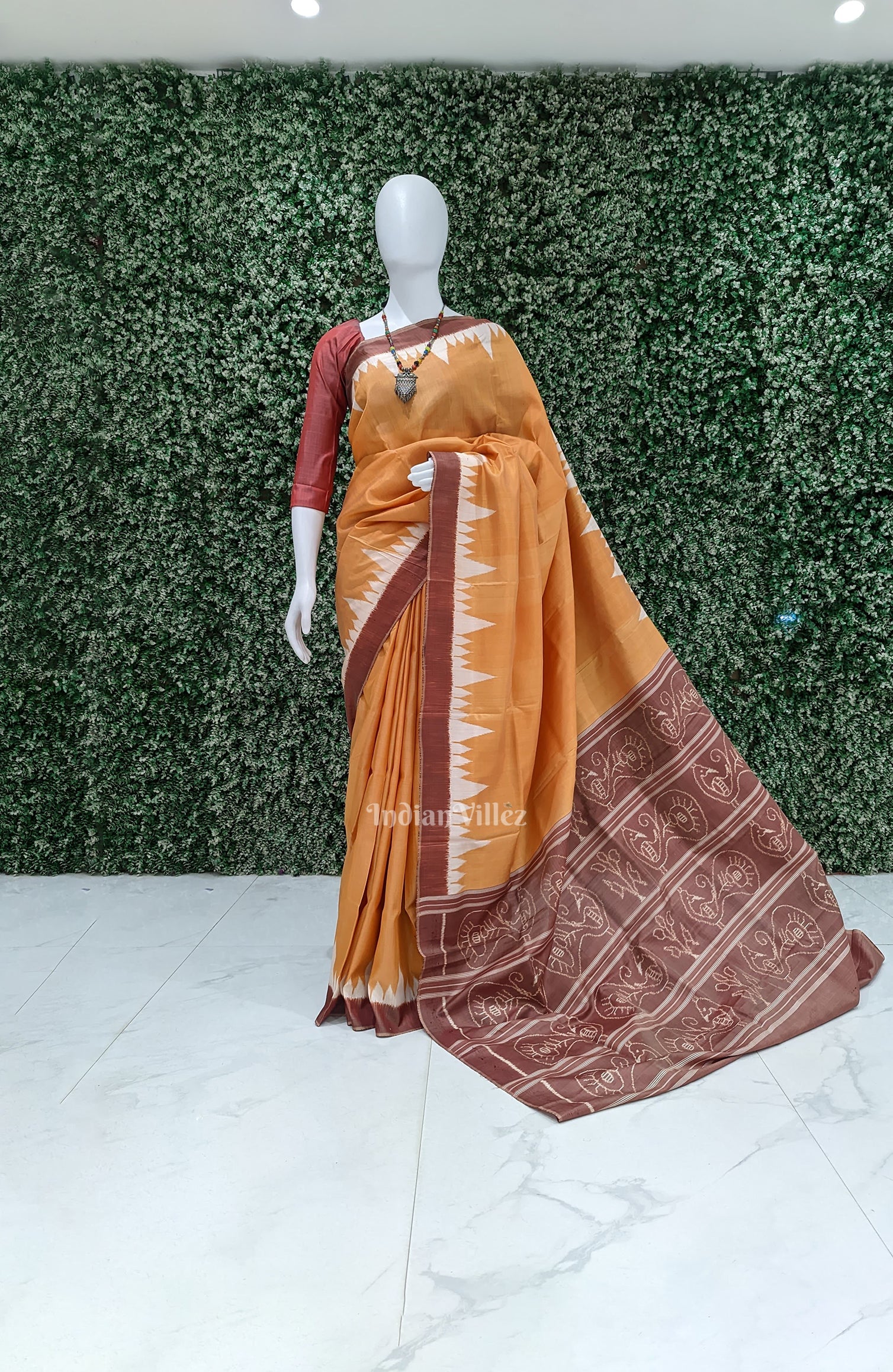 IndianVillèz Yellow Orange Phoda Kumbha Theme Odisha Ikat Contemporary Silk Saree
