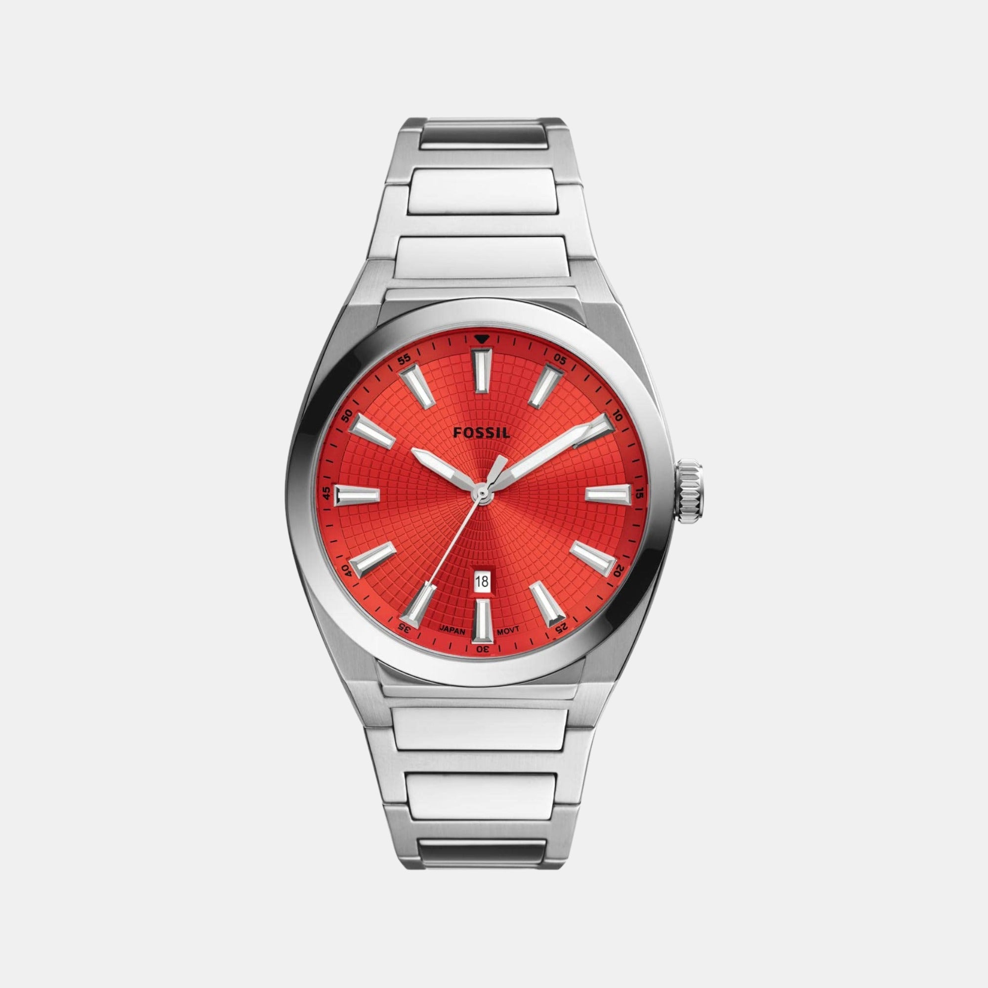 Fossil Everett Men Quartz Red Dial Analog Stainless Steel Watch FS5984