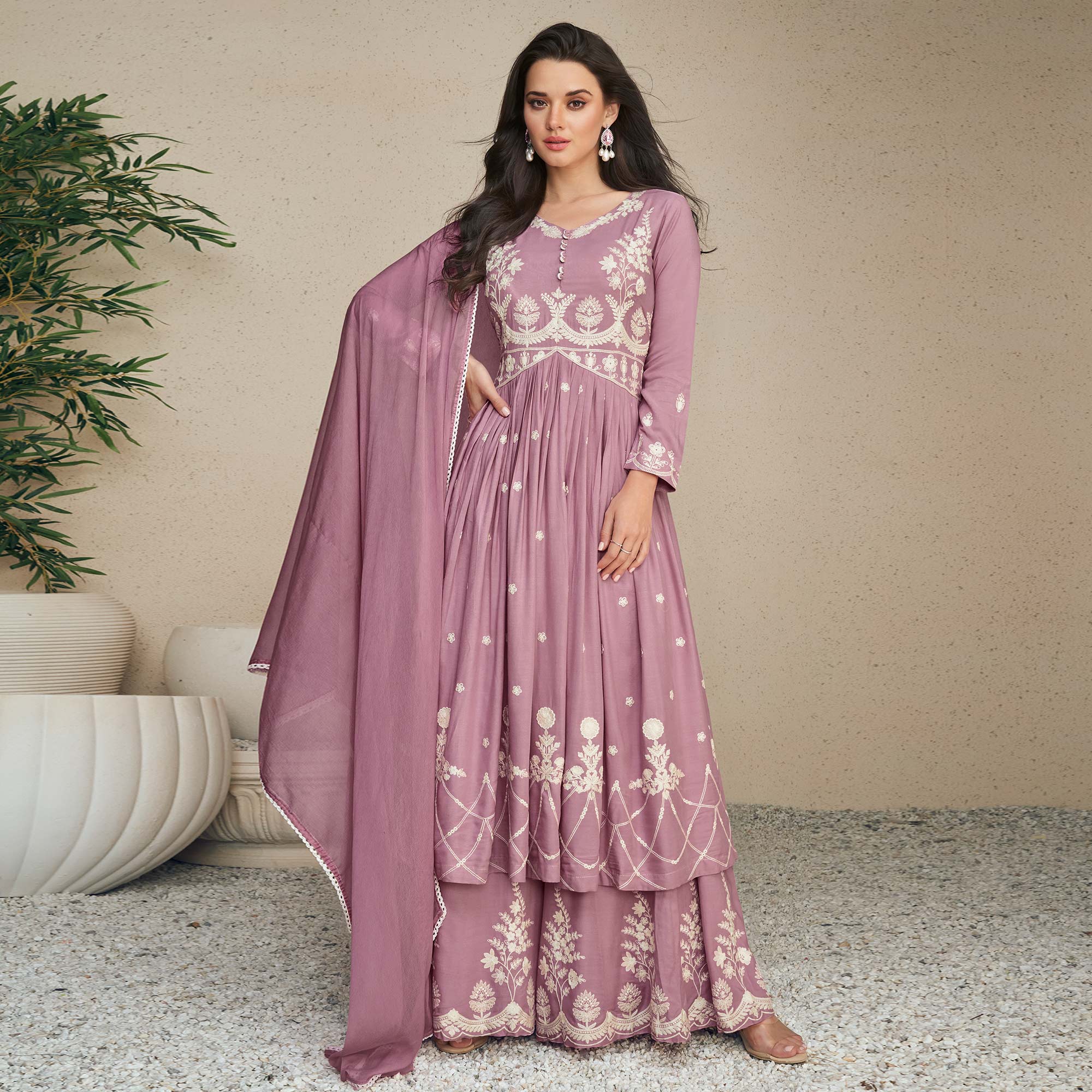Peachmode Mauve Lucknowi Embroidered Rayon Palazzo Suit - view 2
