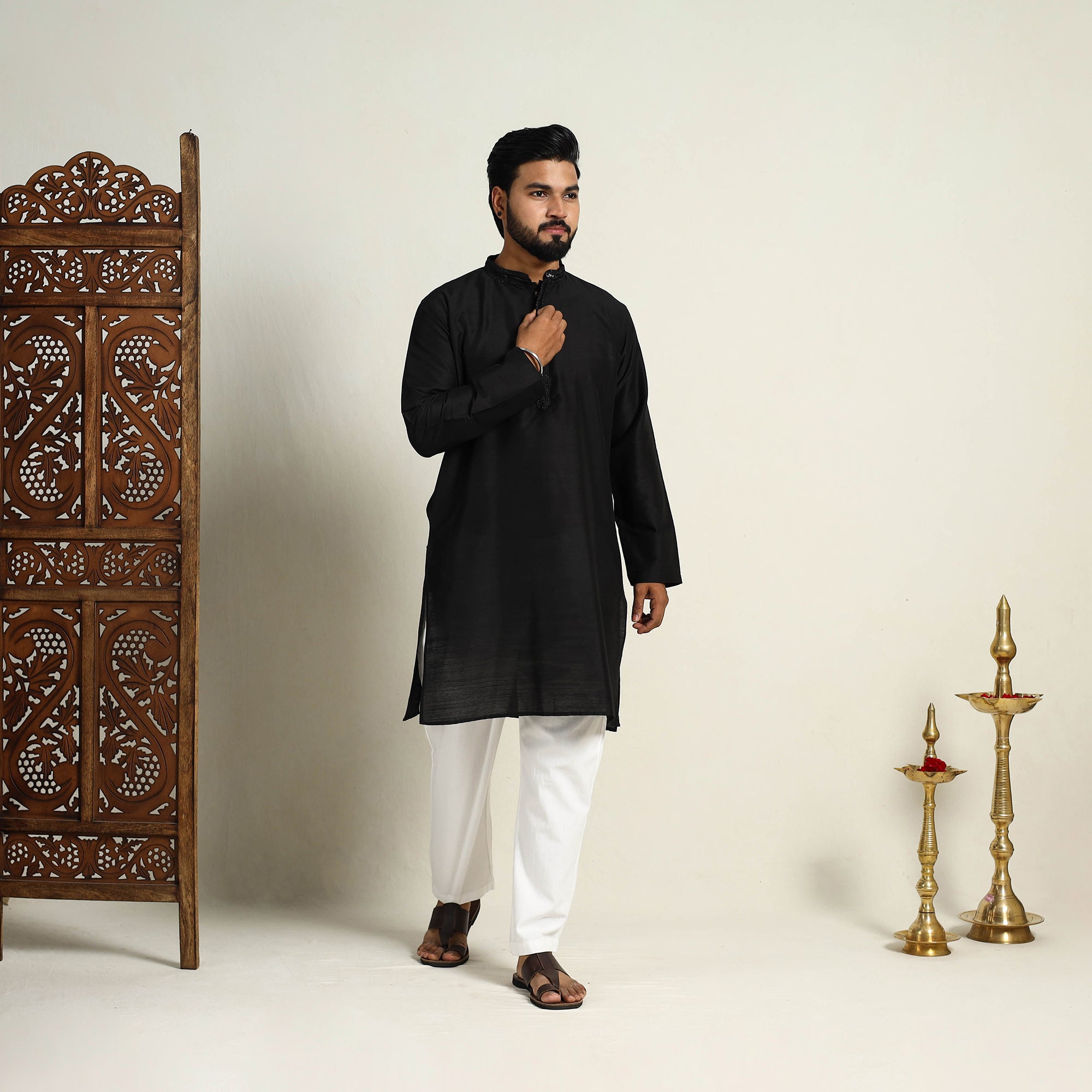 ITOKRI CASUALS Black - Slub Silk Kurta for Men with Detailed Neckline Work 02