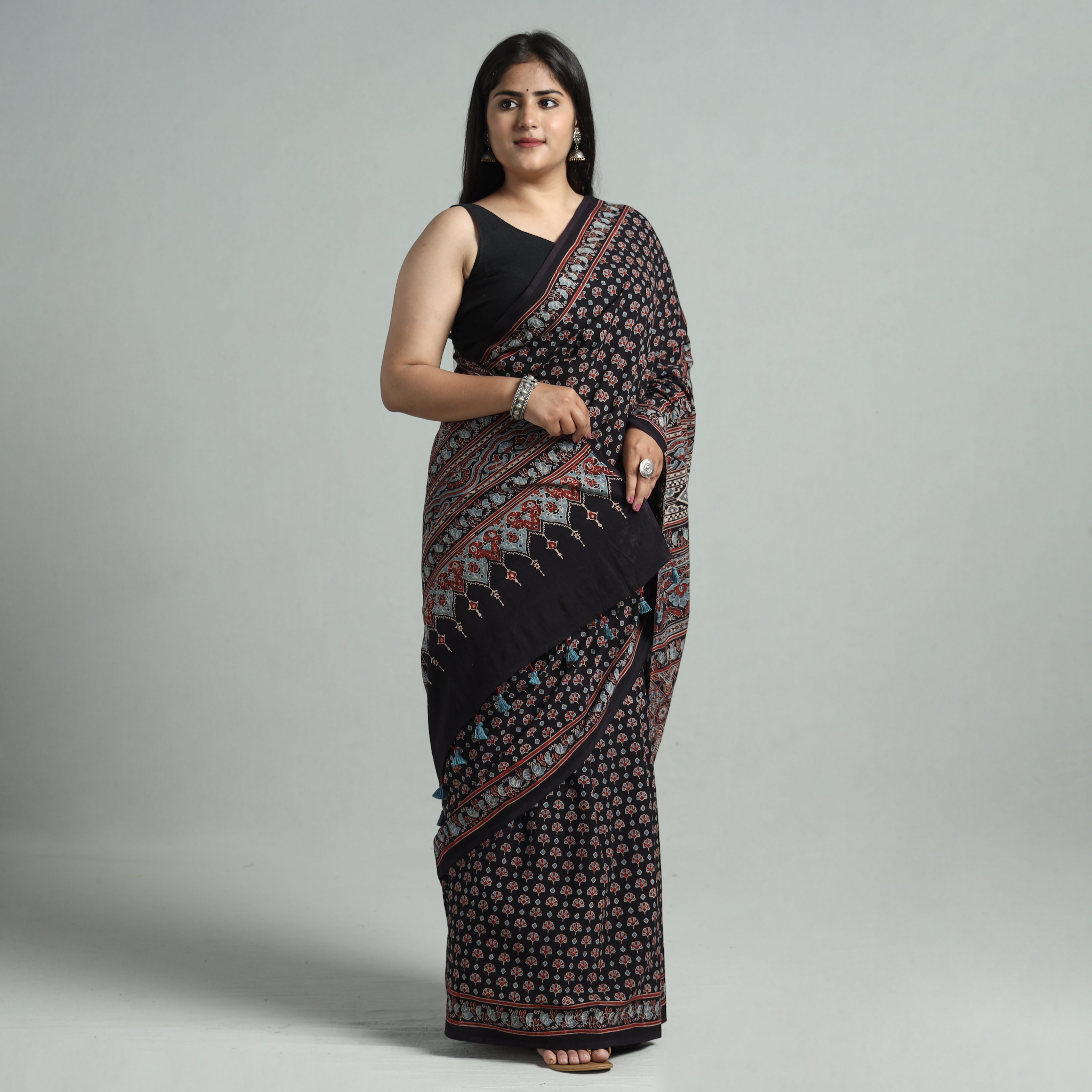 AJRAKH BY JABBAR KHATRI Black - Natural Dyed Block Print Mul Cotton Ajrakh Saree 02 - view 2