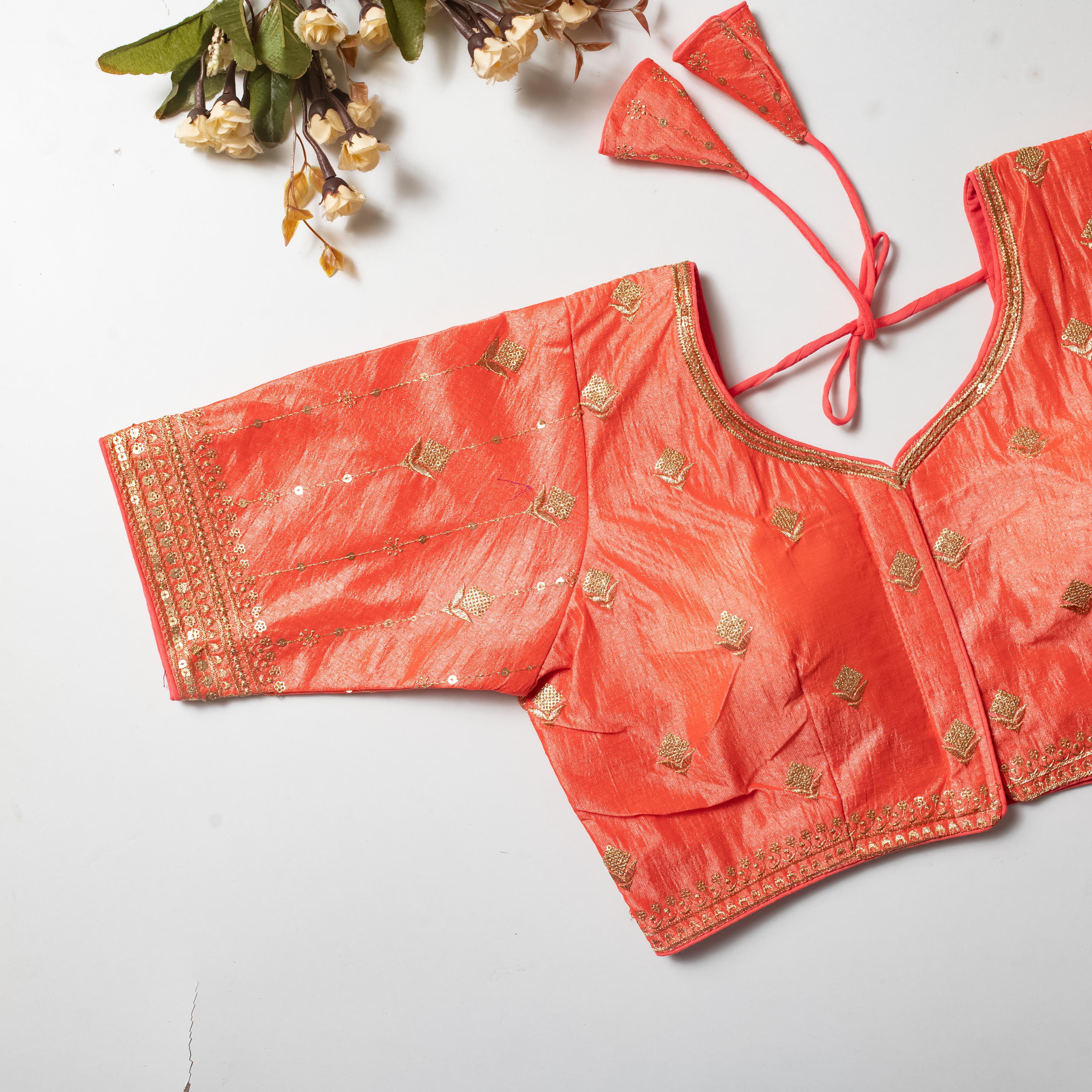 ClothsVilla Orange Golden Embroidered Vibrant Silk Blouse with Sequins