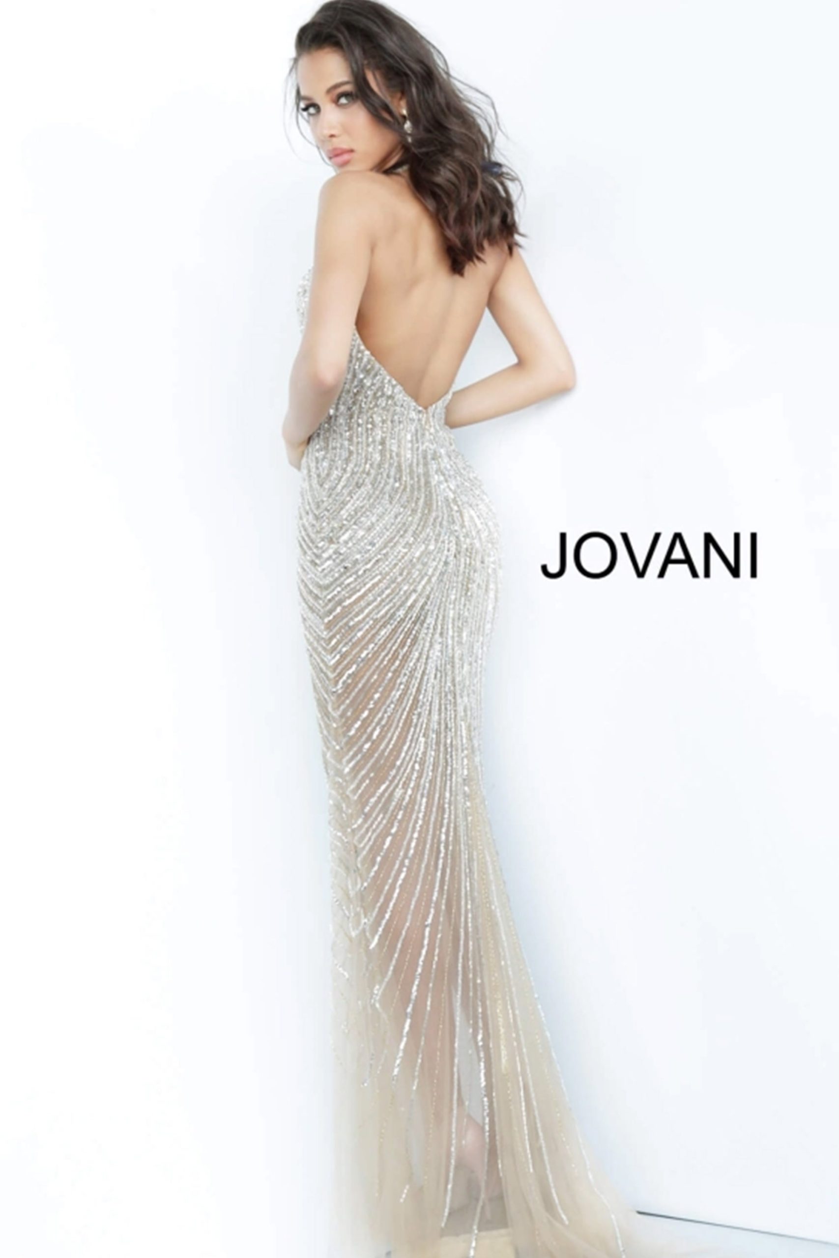 Beaded Fitted Halter Sheer Slit Gown by Jovani 2609 - view 2