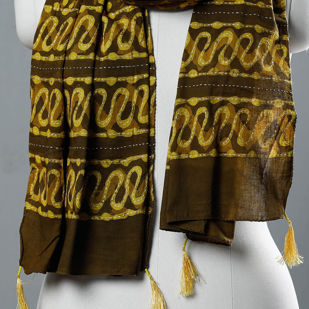 ARTISAN HAND BLOCK PRINTS Brown - Bagru Block Printed Tagai Work Cotton Stole with Tassels - view 2