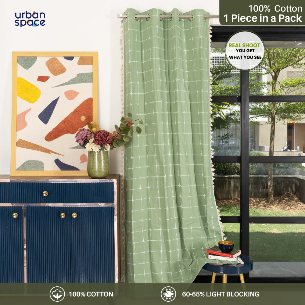 Urban Space -Home Furnishing Store Premium 100% Cotton Embroidery Curtain for Window & Door - Pack of 1 Curtain, Sage Green Checks - view 2