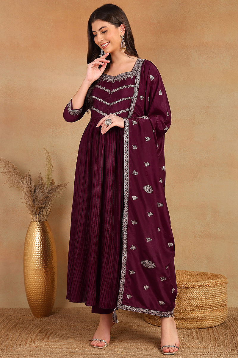 Ahika Purple Silk Blend Solid Embroidered Anarkali Suit Set PKSKD2064
