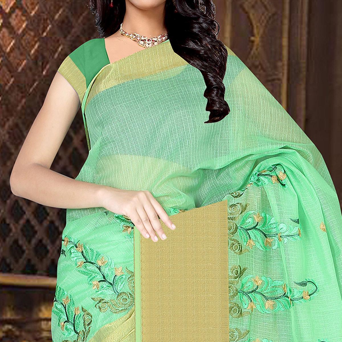 Peachmode Ideal Green Colored Casual Wear Printed Net Saree - view 2