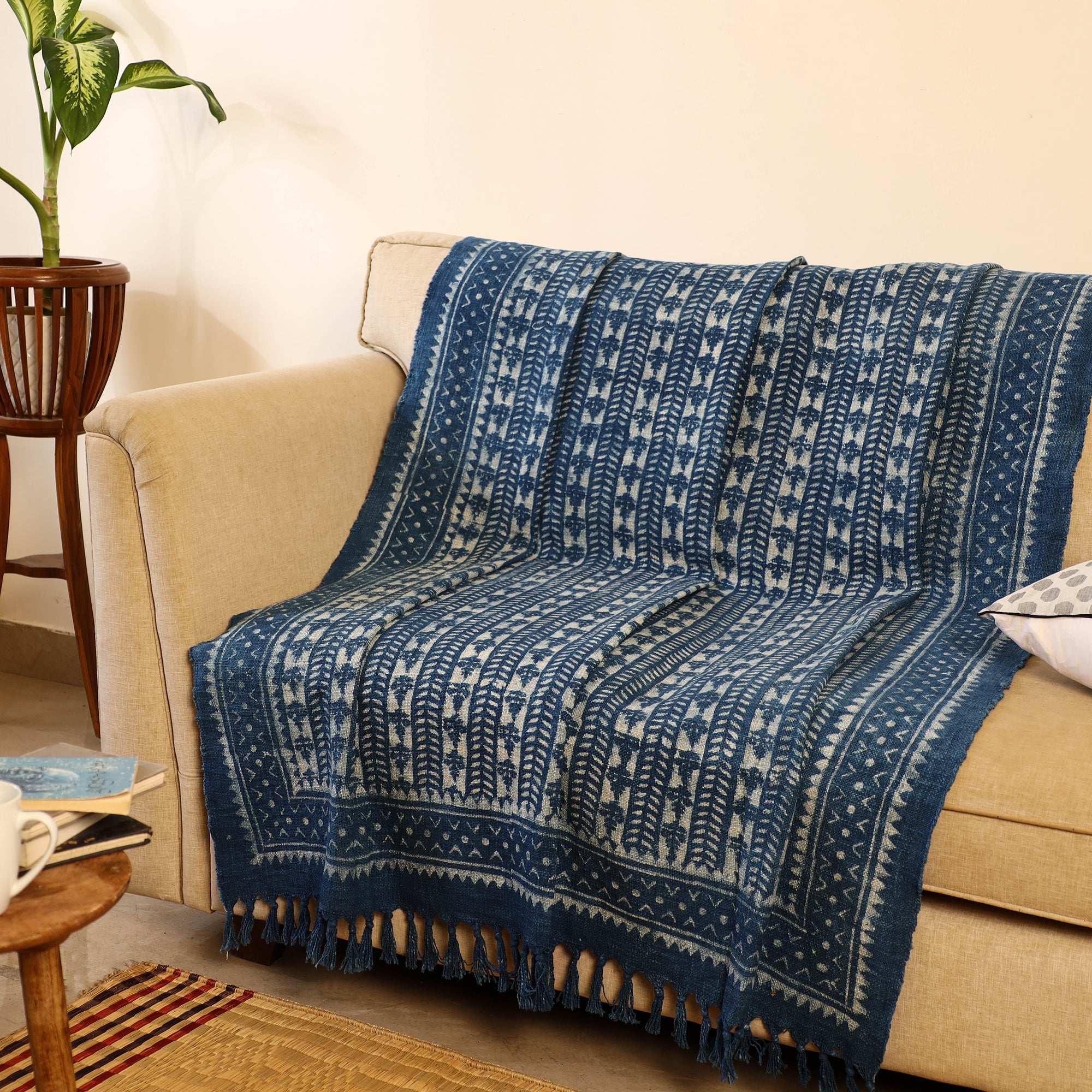 HAVELI CHRONICLES Handloom Jaipur Block Print Indigo Cotton Sofa Throw 03