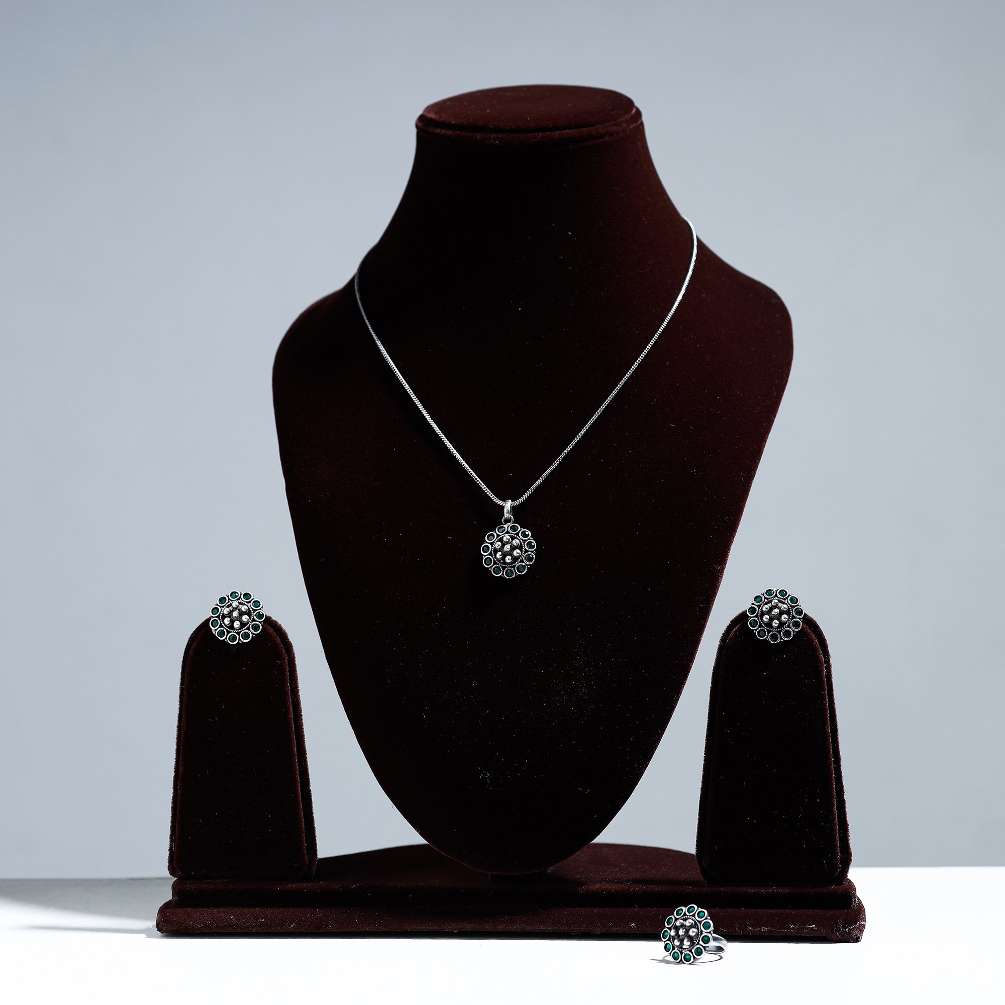WHITE RIVER STORIES Antique Silver Finish Oxidised Brass Base Stone Work Necklace Set with Ring