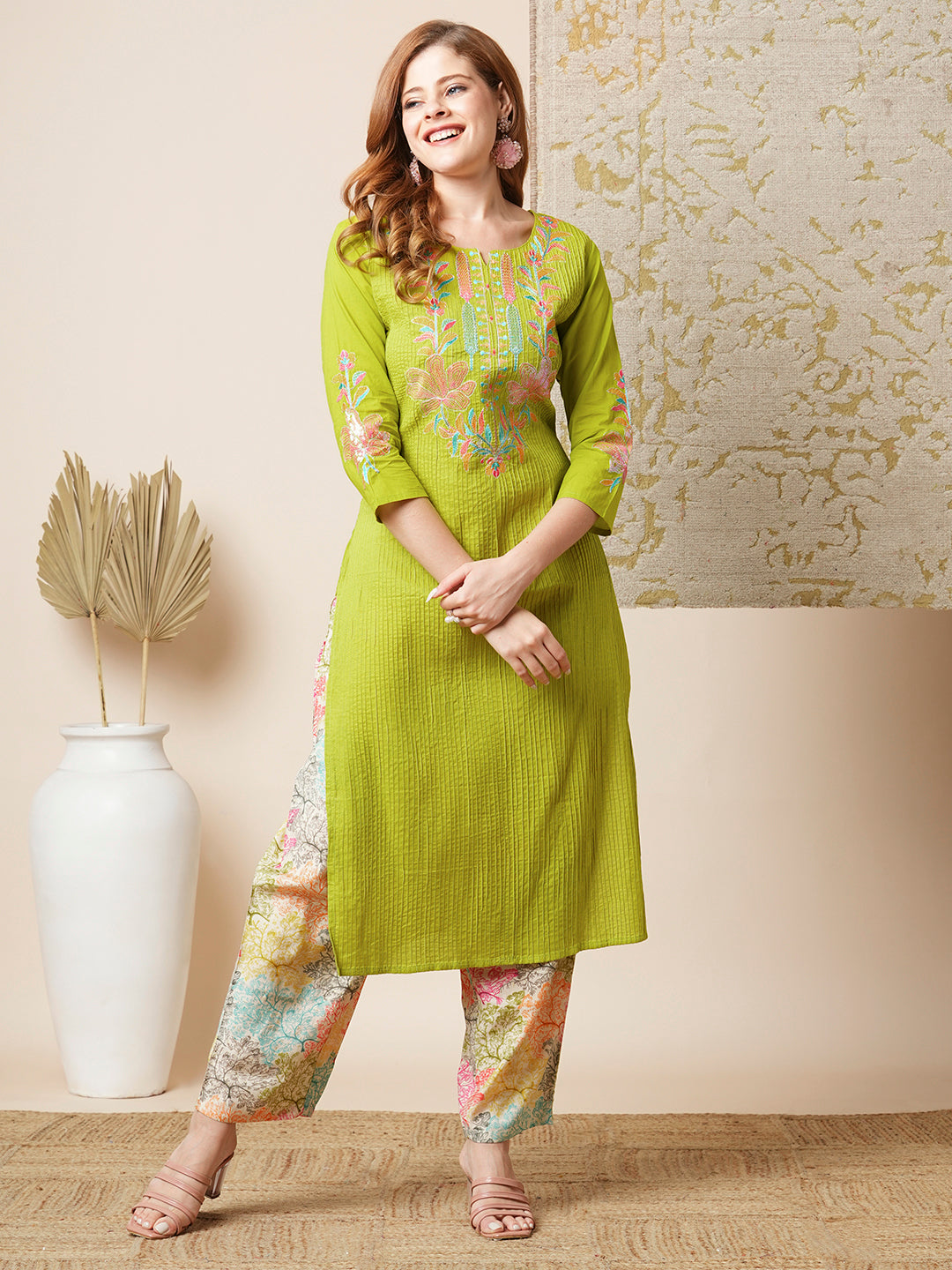 FASHOR Solid Floral Embroidered Straight Kurta with Printed Pant - Lime Green - view 2