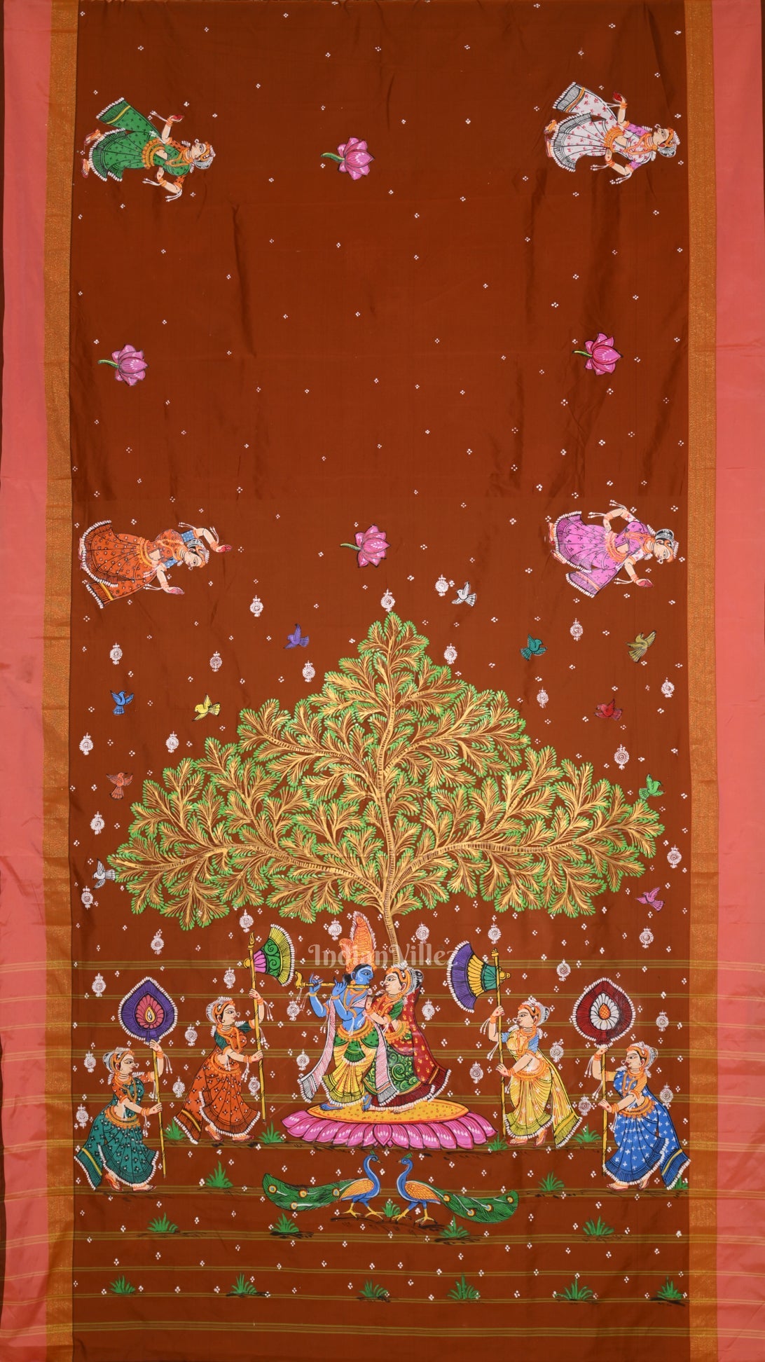 IndianVillèz Brown Radha Krishna Raas Leela Hand-Painted Pattachitra Saree