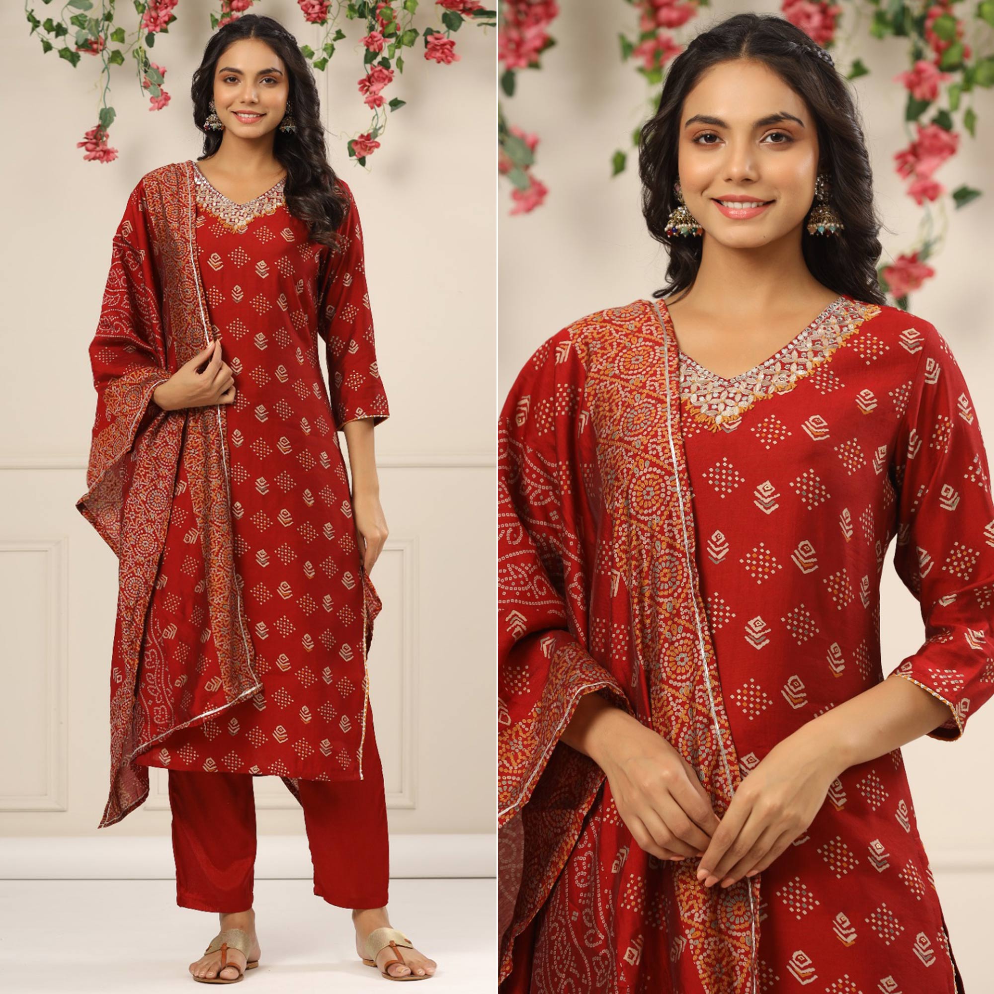 Peachmode Maroon Jaipuri Printed With Gota Work Chanderi Salwar Suit