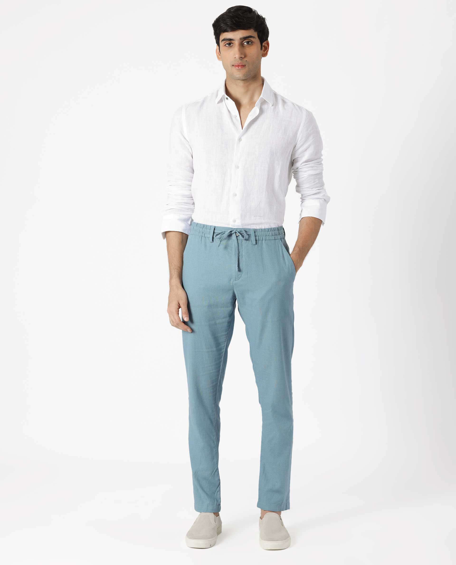 Rare Rabbit Men's Linac Dusky Blue Solid Drawstring With Elastic Waistband Regular Fit Linen Trouser - view 7