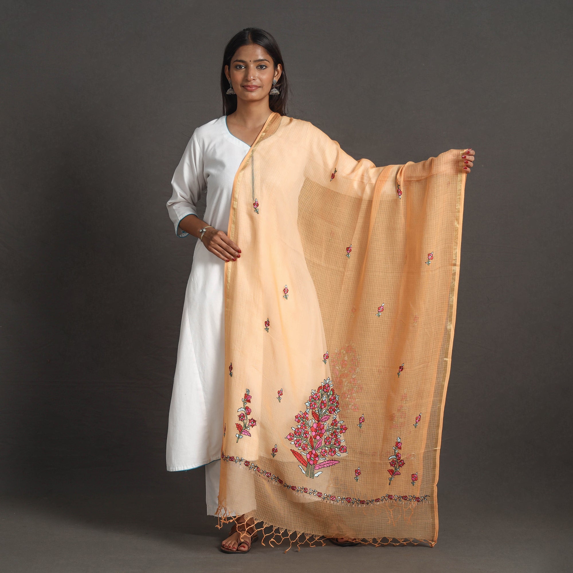 ITOKRI CRAFTS INITIATIVE Orange - Kota Doria Silk Cotton Kashida Embroidery Dupatta 40