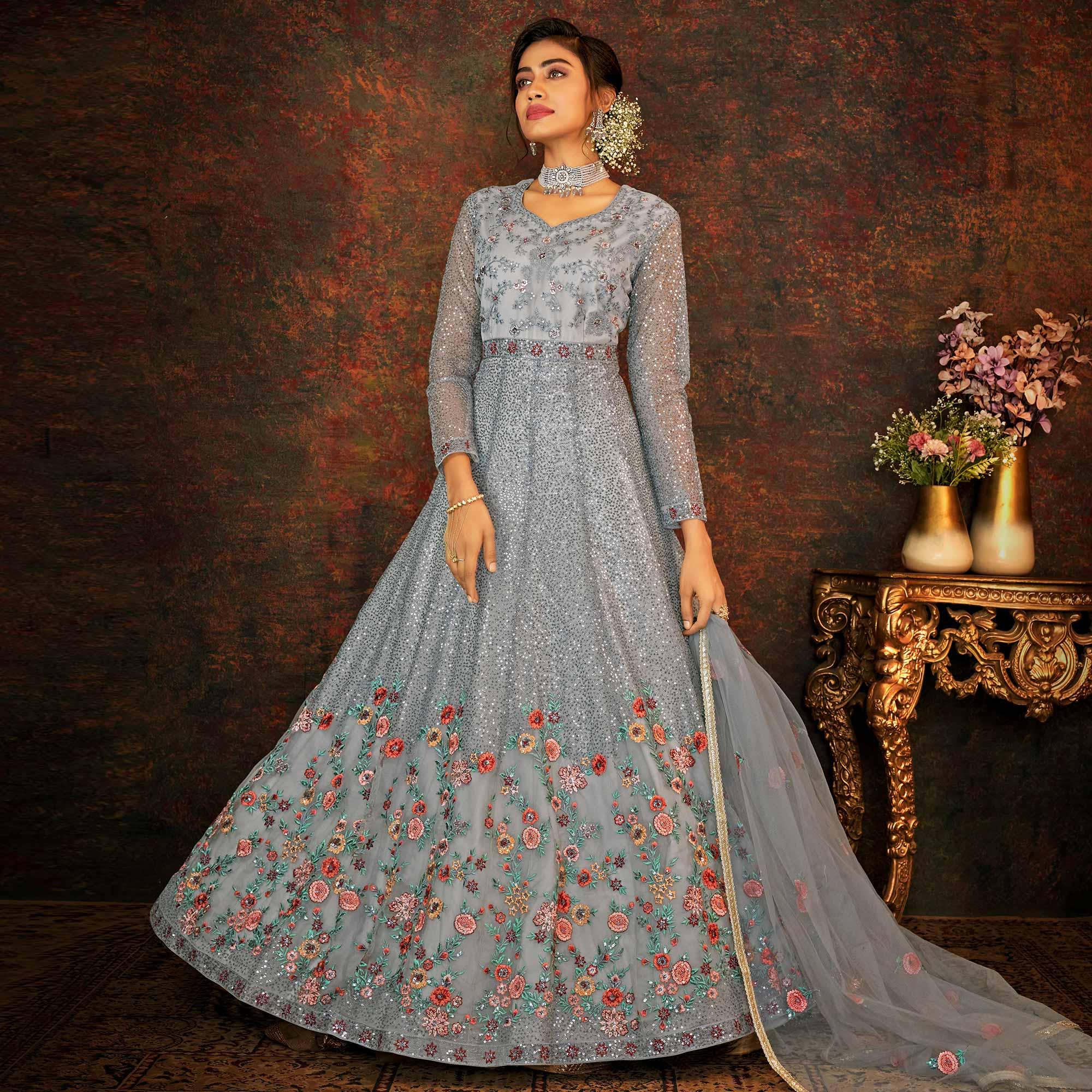 Peachmode Grey Sequins Floral Enbroidered Net Partywear Gown
