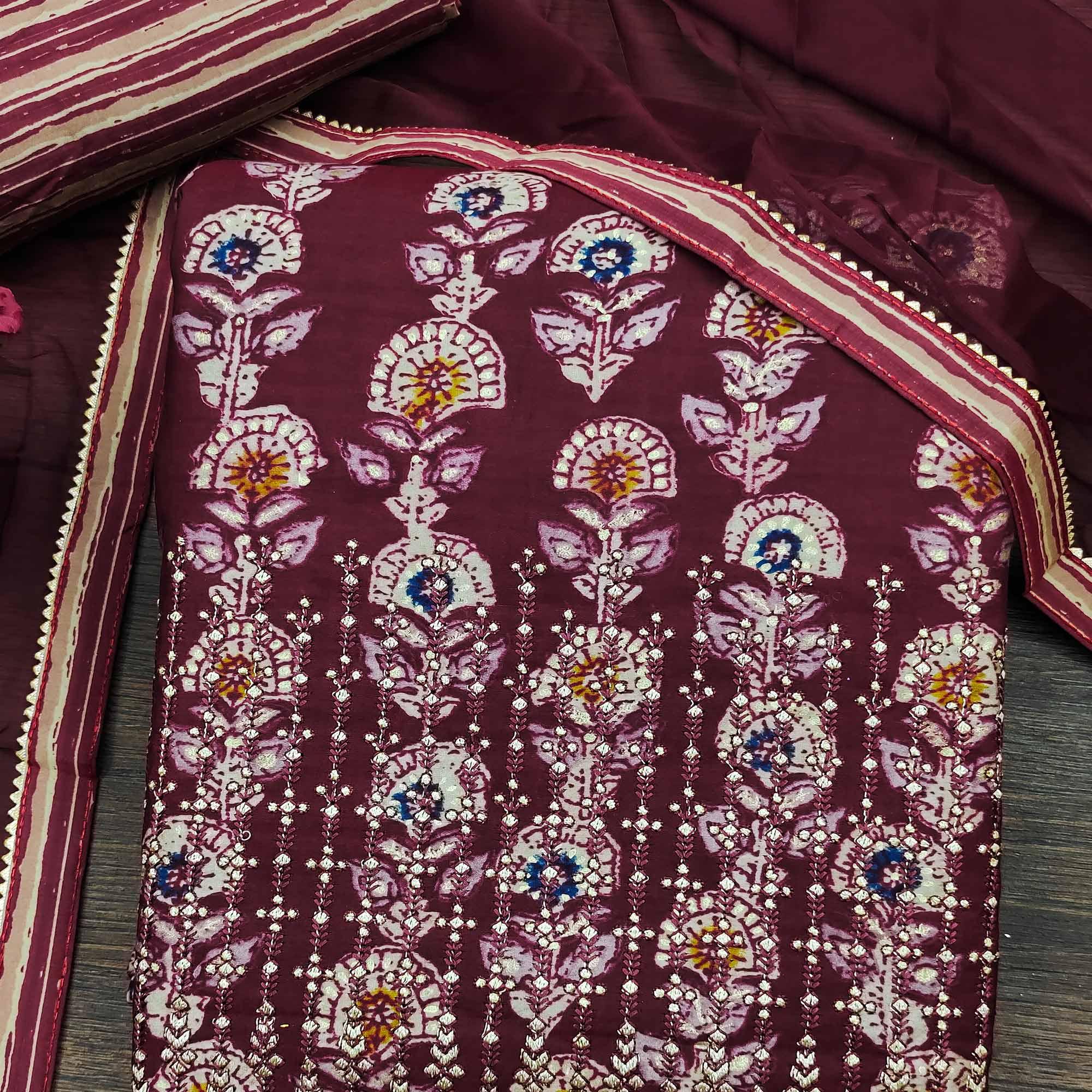 Peachmode Maroon Floral Printed Pure Cotton Dress Material - view 2