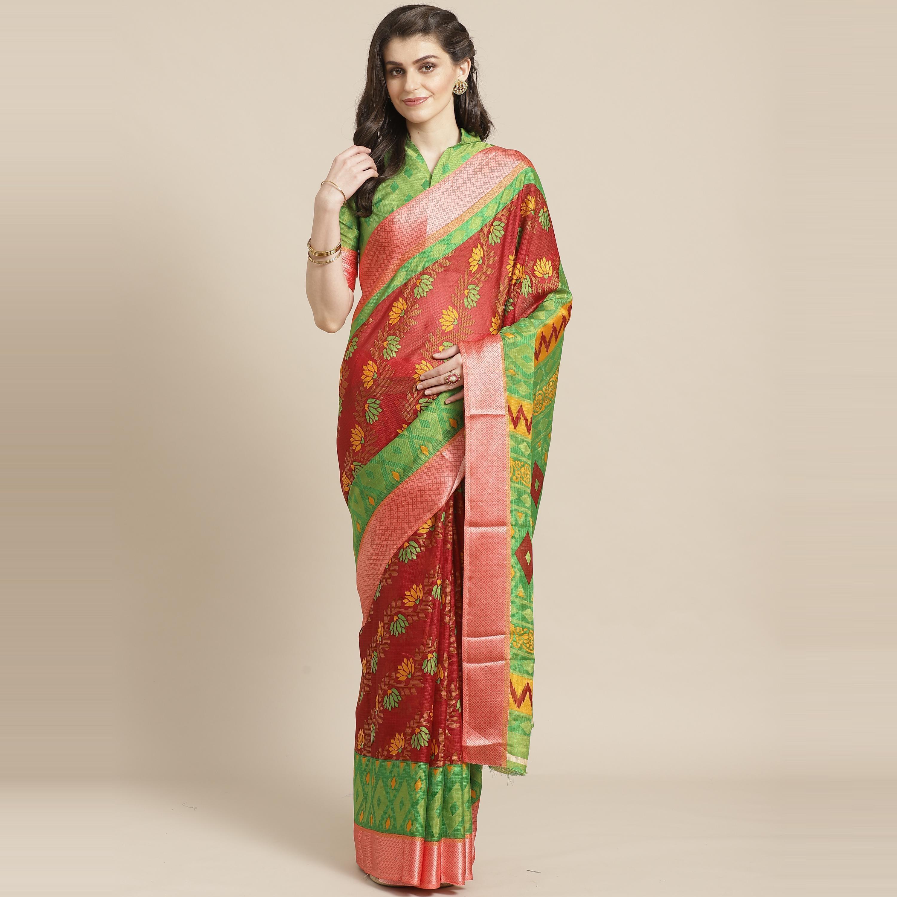 Peachmode Maroon Casual Brasso Printed Saree With Unstitched Blouse